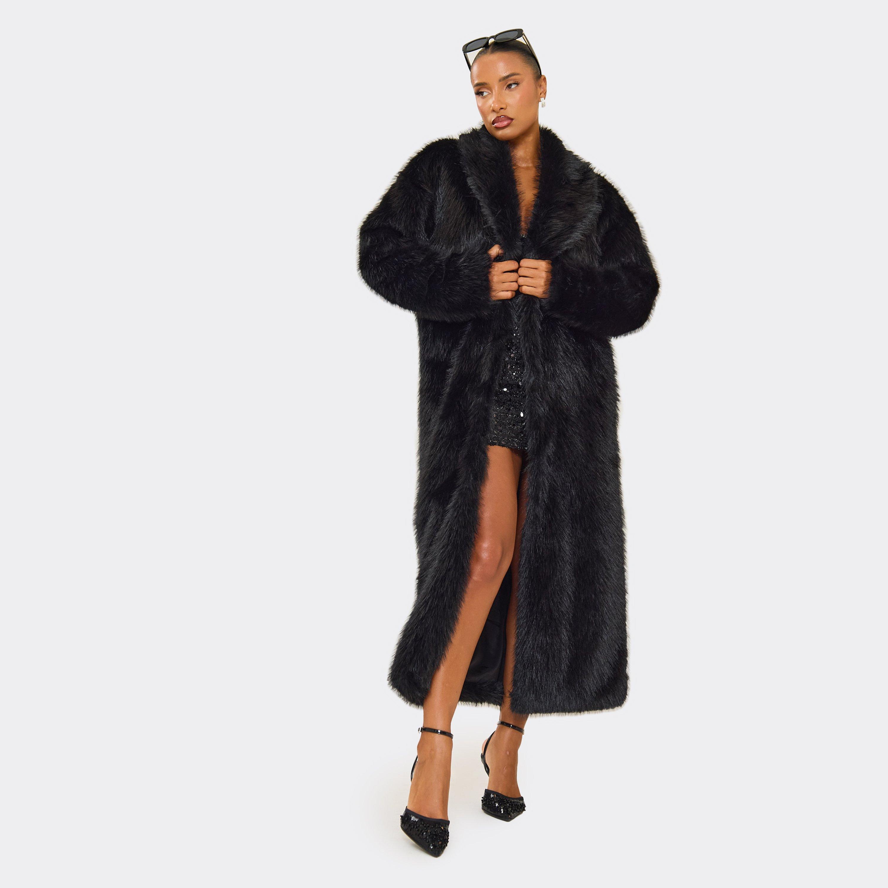 Oversized Maxi Coat In Black Faux Fur, Women's Size UK 8