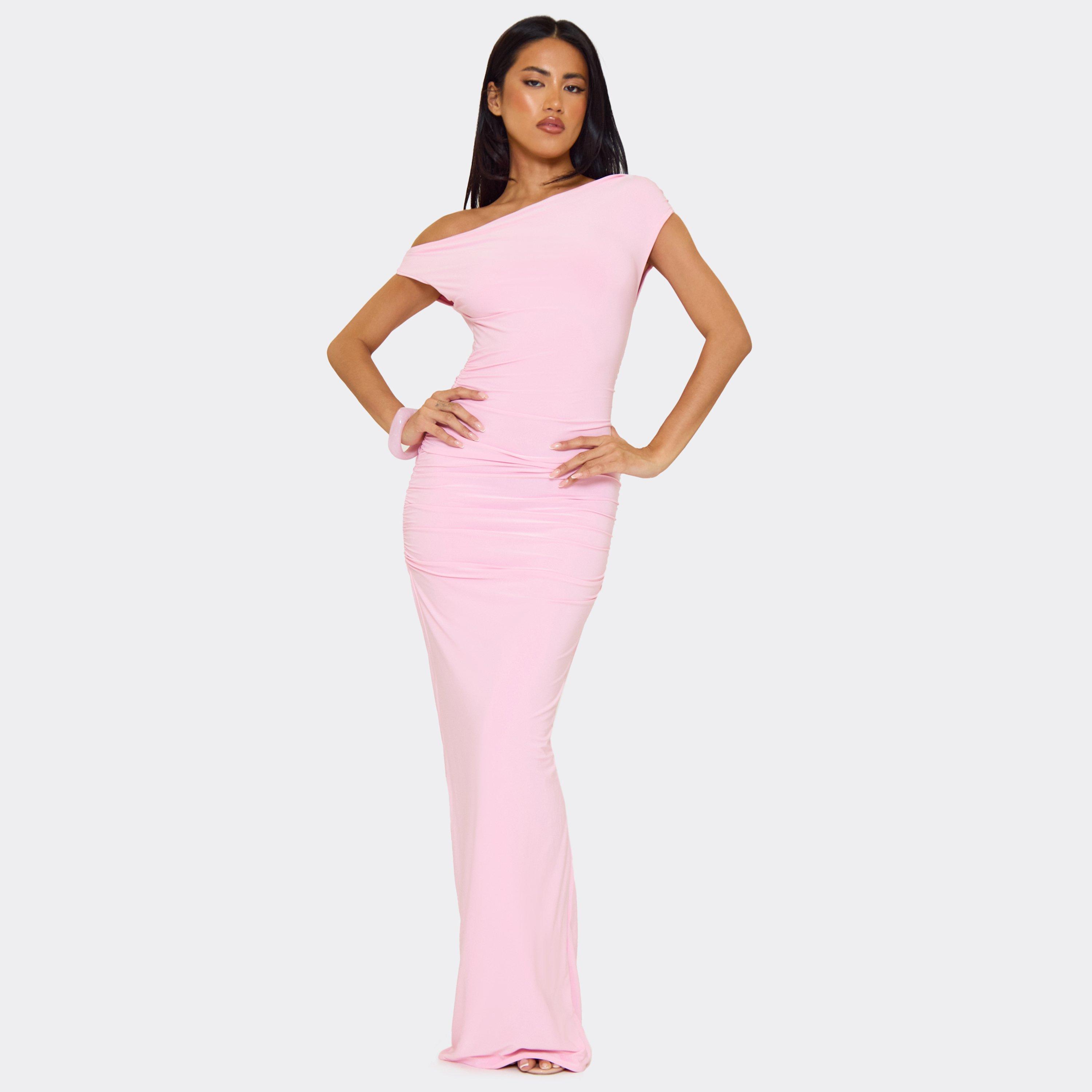 Asymmetric One Shoulder Ruched Detail Maxi Dress In Pink, Women's Size UK 14