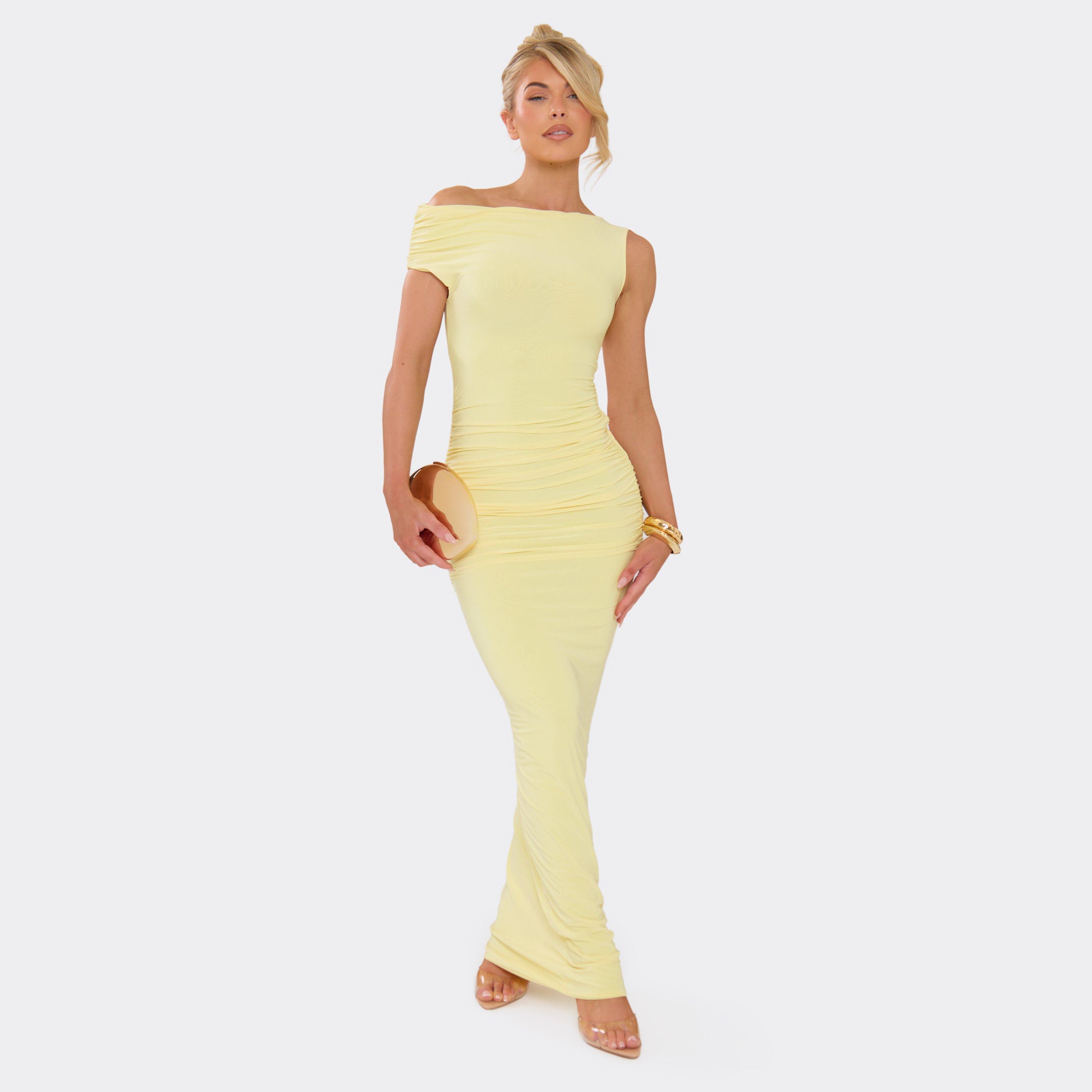 Asymmetric One Shoulder Ruched Detail Maxi Dress In Lemon Slinky, Women’s