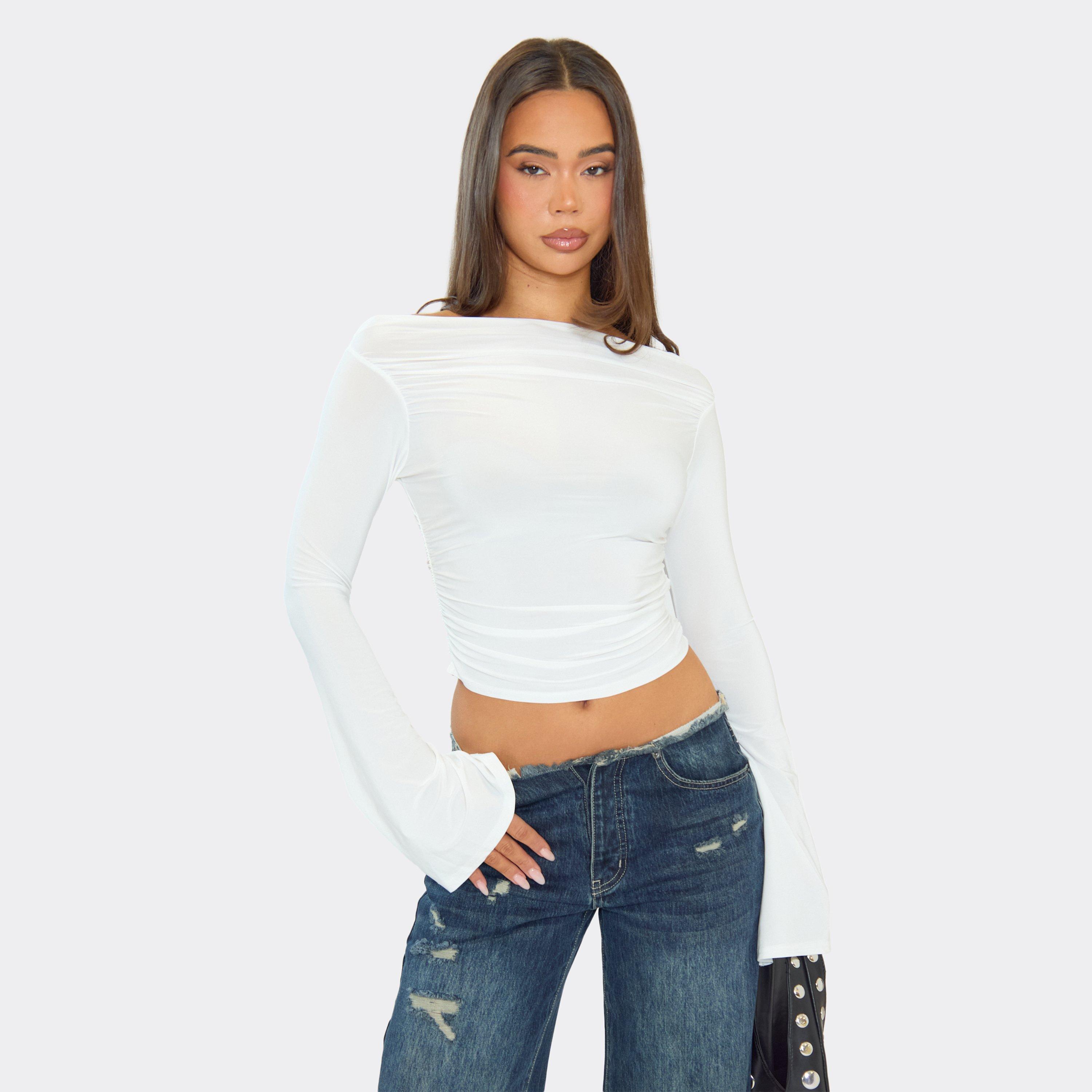 Bardot Flared Sleeve Top In White Slinky, Women's Size UK 16