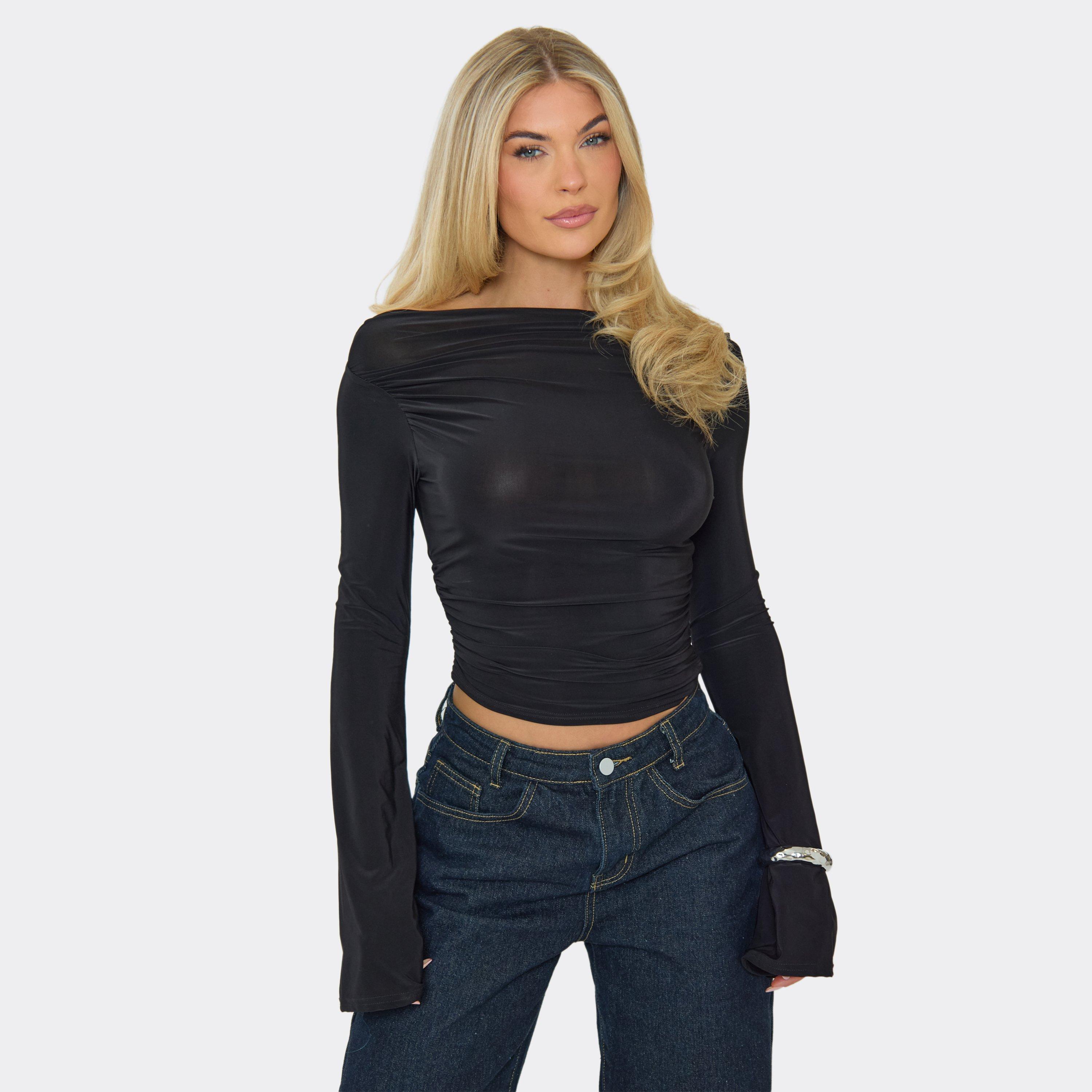 Image of Bardot Flared Sleeve Top In Black Slinky, Women's