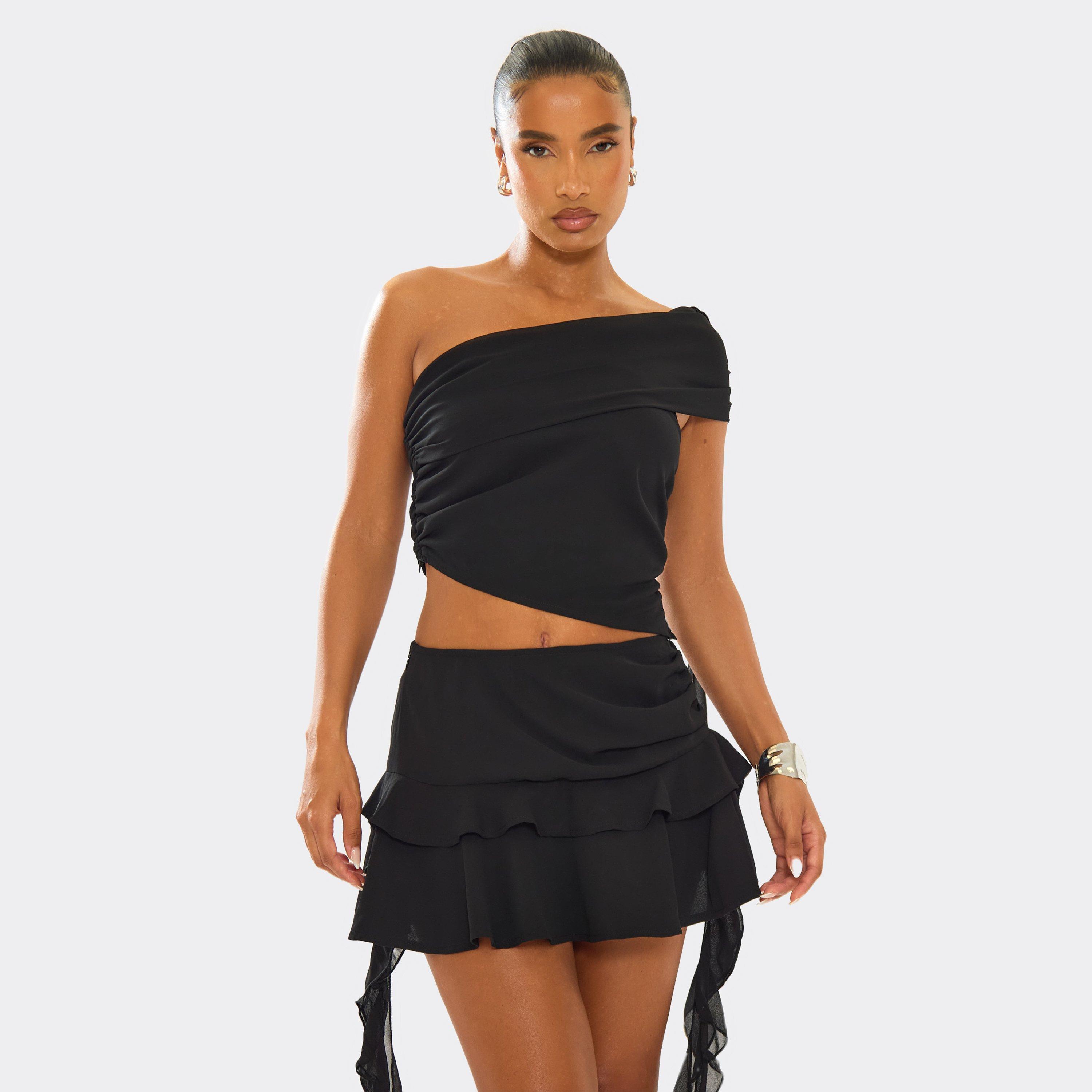 Fold Over Asymmetric One Shoulder Frill Detail Crop Top In Black Mesh, Women's Size UK 10