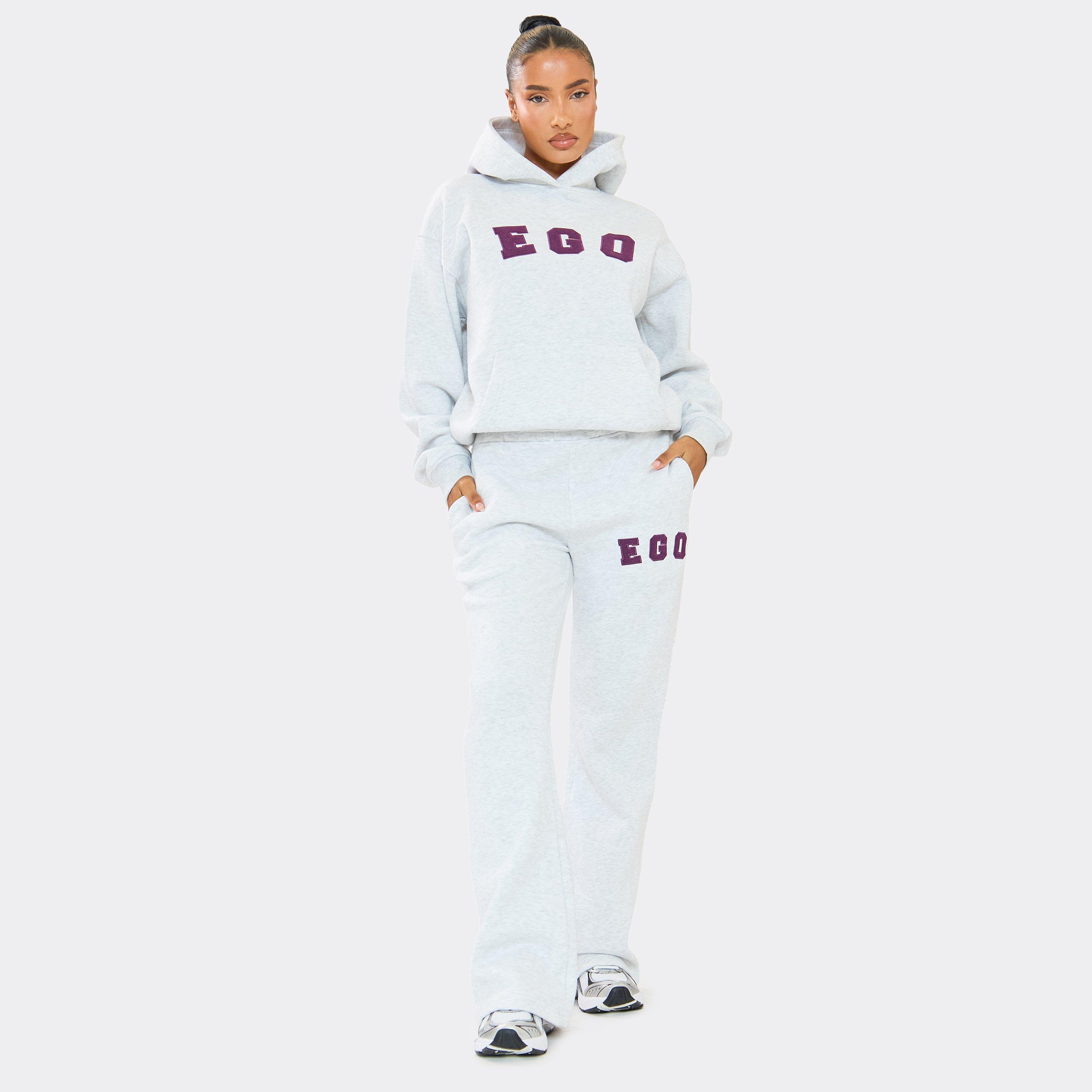 High Waist Borg Ego Graphic Slogan Flared Leg Joggers In Grey, Women’s