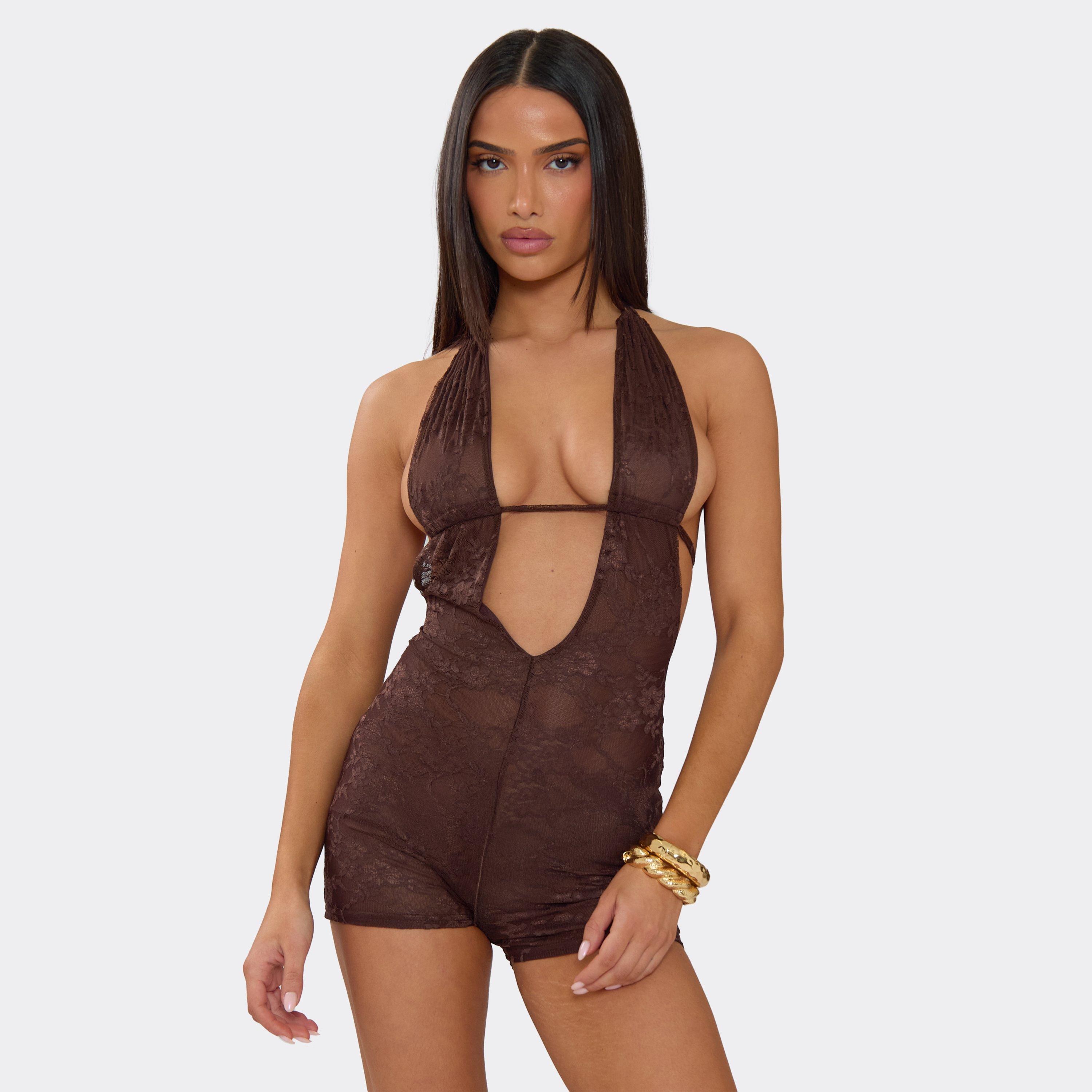 Plunge Halterneck Open Back Playsuit In Brown Lace, Women's Size UK 14