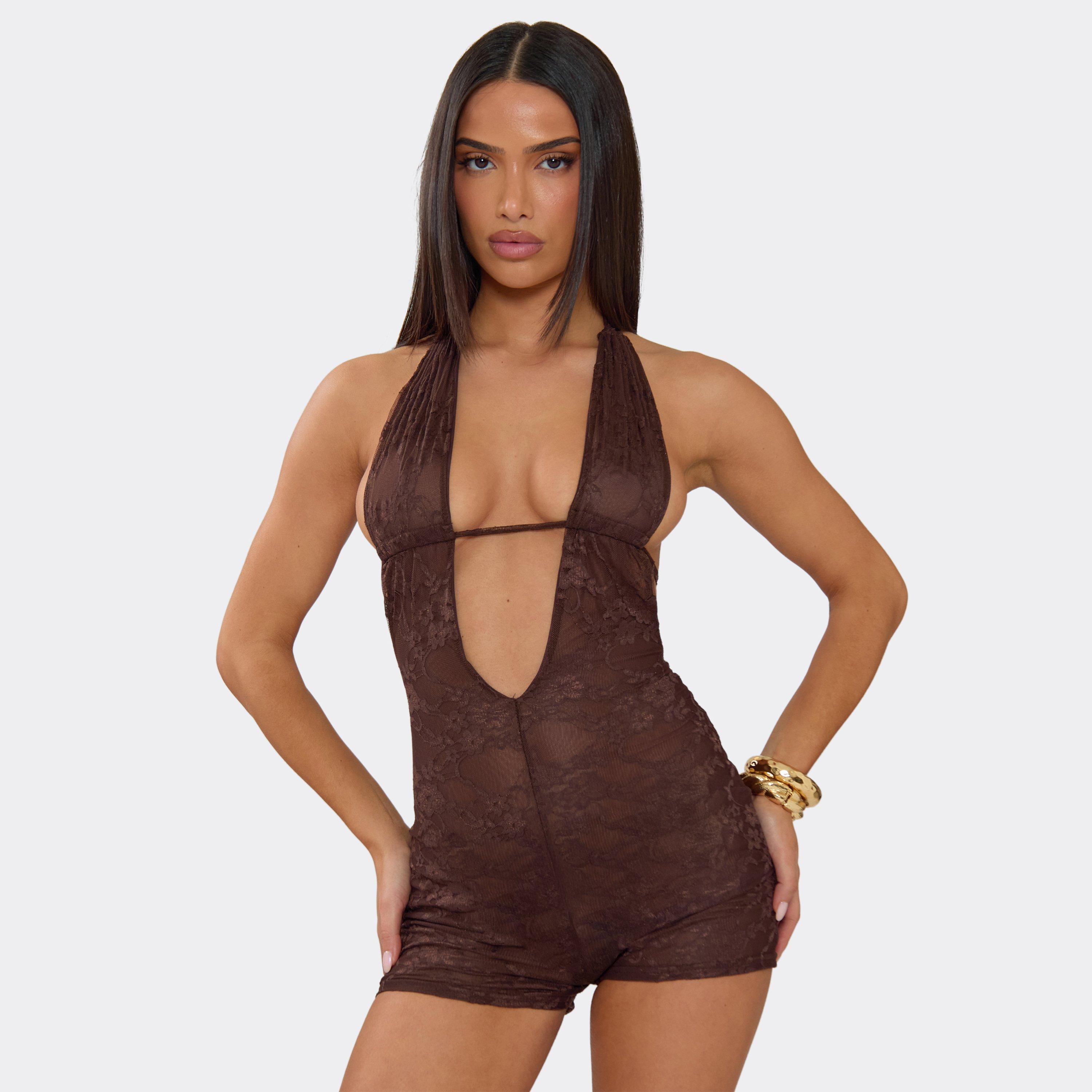 Image of Plunge Halterneck Open Back Playsuit In Brown Lace, Women's