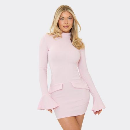 Long Sleeve High Neck Tailored Mini Bodycon Dress In Pink Woven, Women's Size US