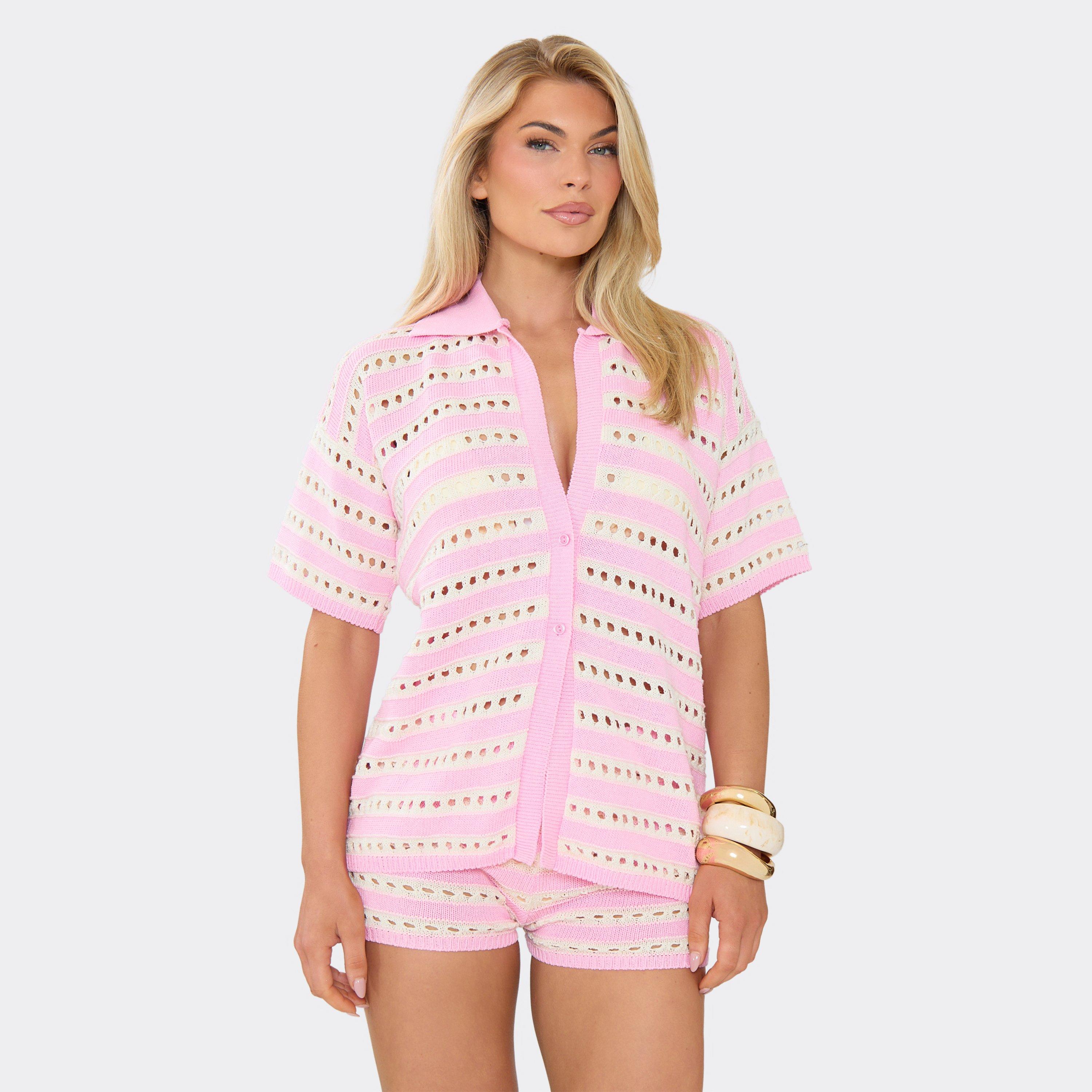 Short Sleeve Shirt In Pink Stripe Crochet Knit, Women's Size UK S