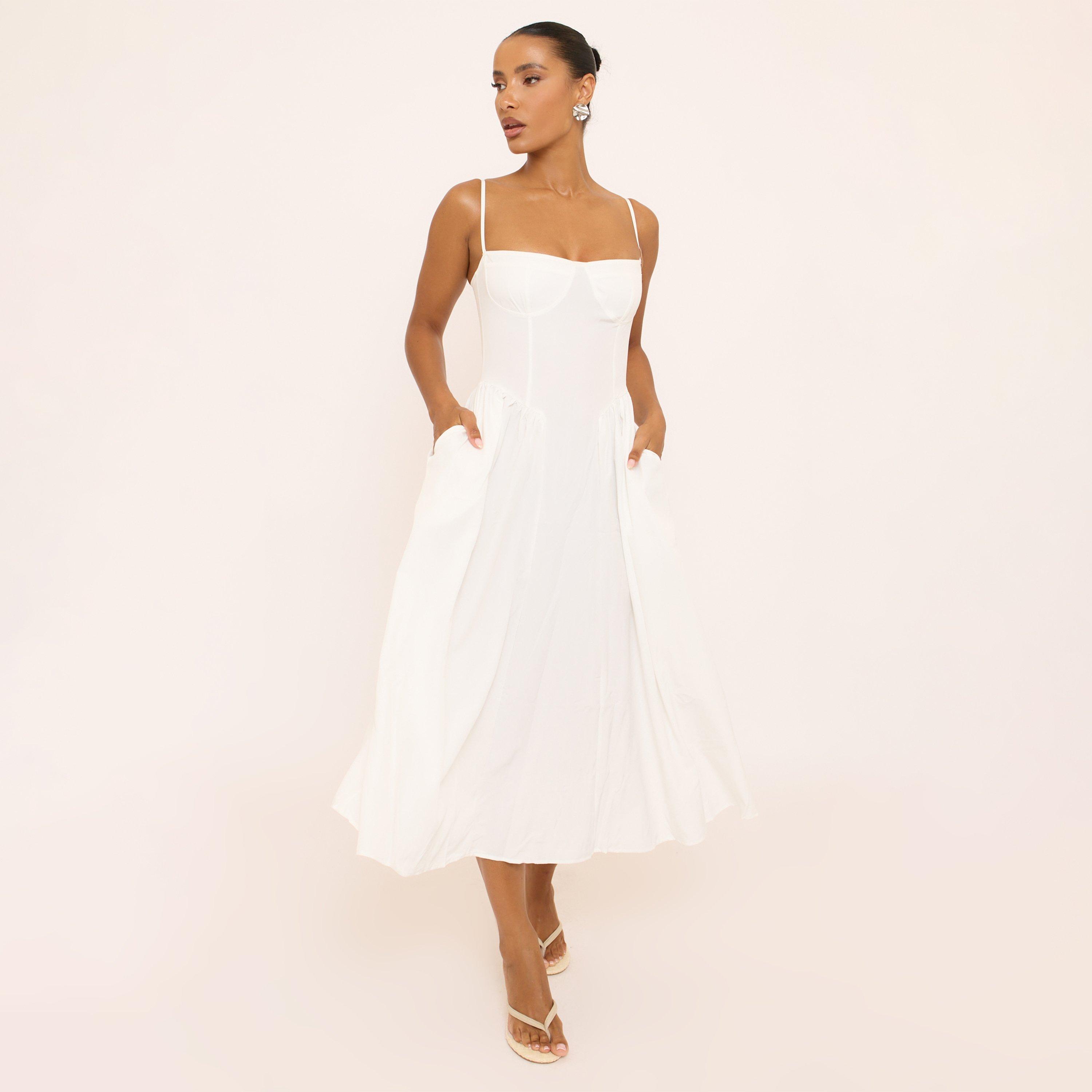Strappy Pleated Skater Midaxi Dress In White, Women's Size UK XS