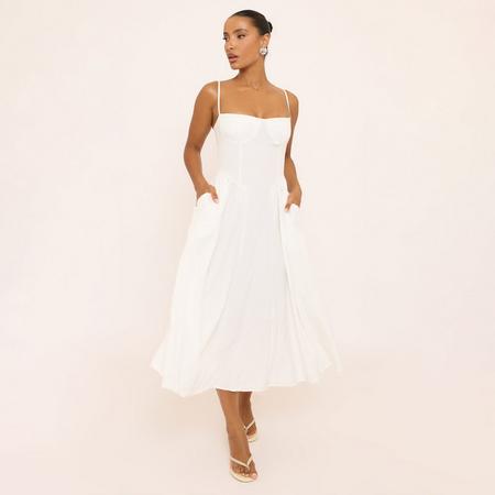 Strappy Pleated Skater Midaxi Dress In White, Women's Size US
