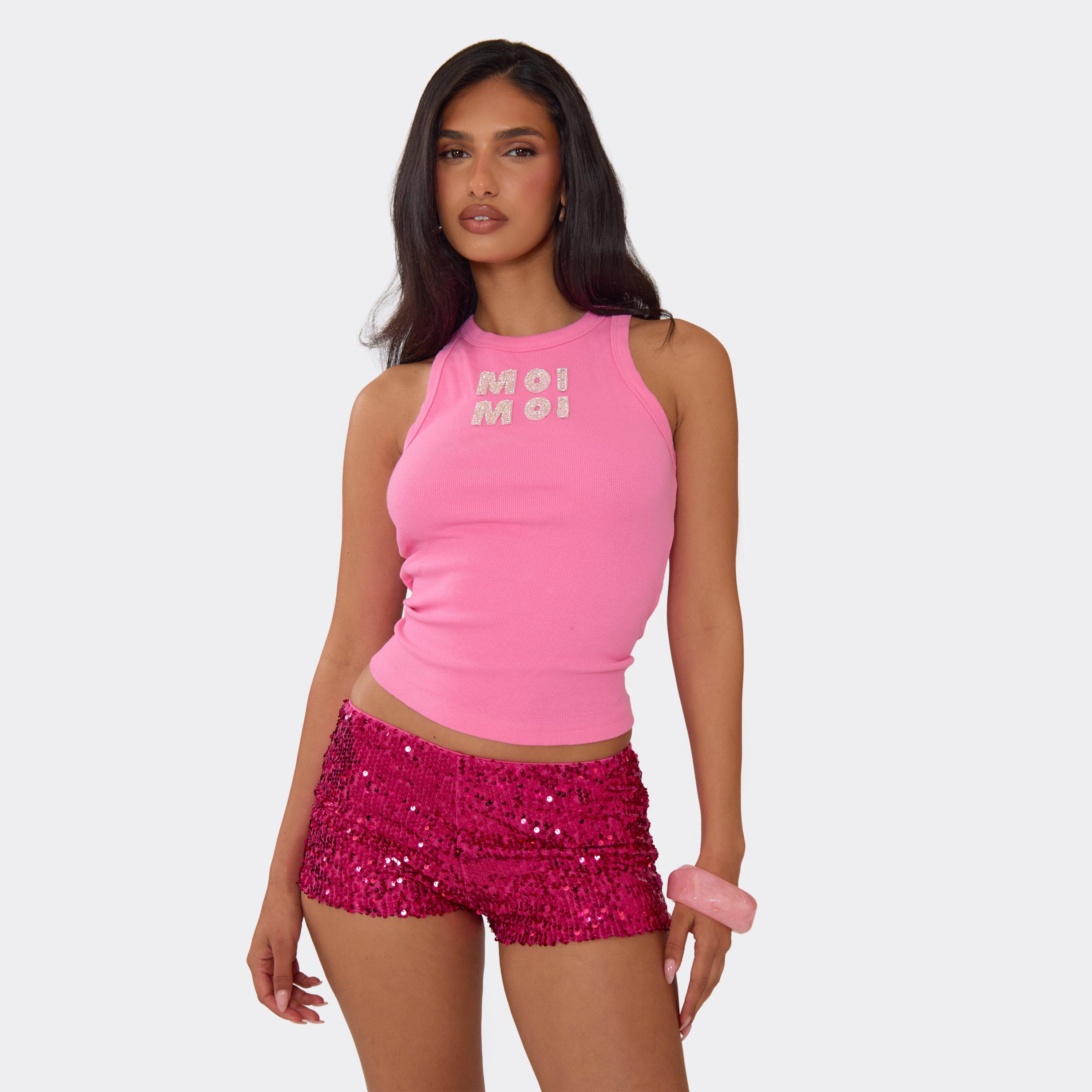 Silver Diamante Moi Moi Slogan Sleeveless Top In Pink Rib, Women's Size UK 12