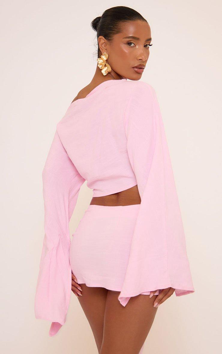 Long Sleeve Off The Shoulder Crop Top In Pink Linen | EGO UK | EGO