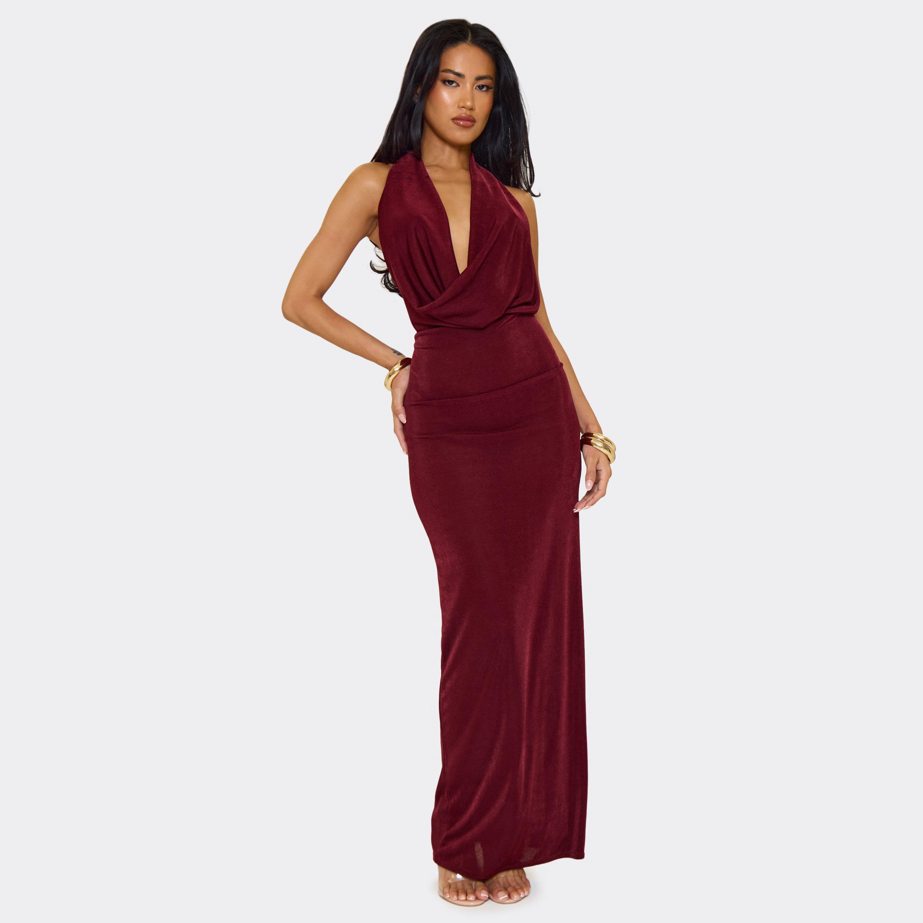 Extreme Cowl Neck Open Back Maxi Dress In Burgundy Slinky, Women’s