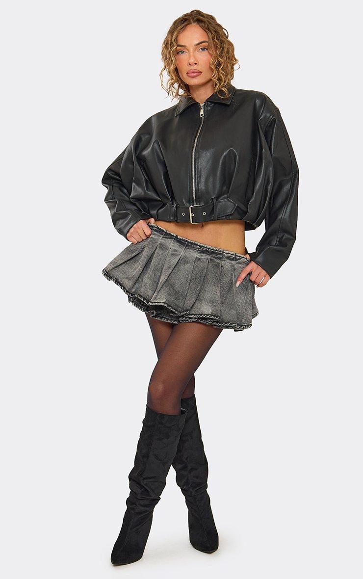 Low Rise Pleated Tiered Hem Skort In Washed Black Denim