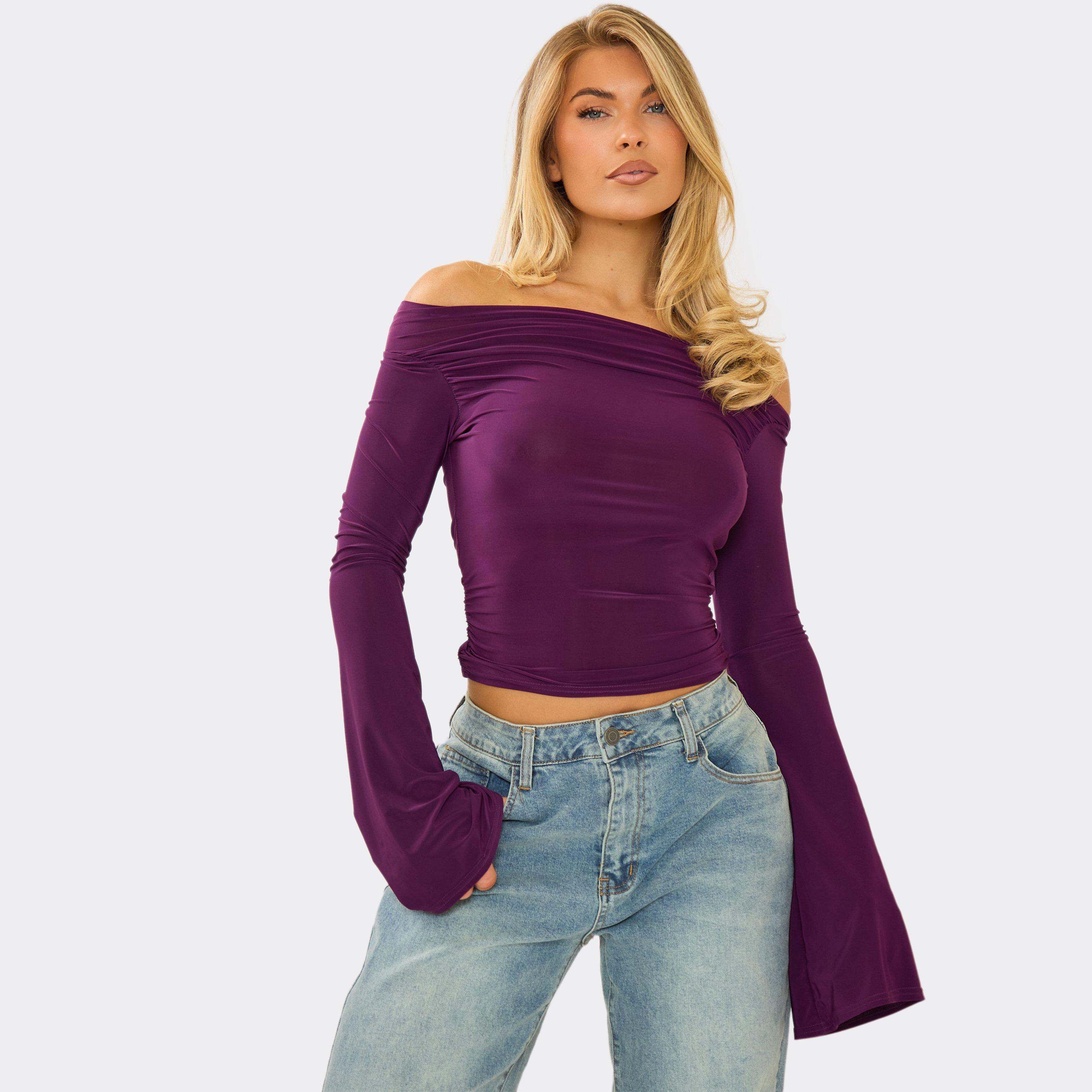 Image of Bardot Flared Sleeve Top In Plum Slinky, Women's