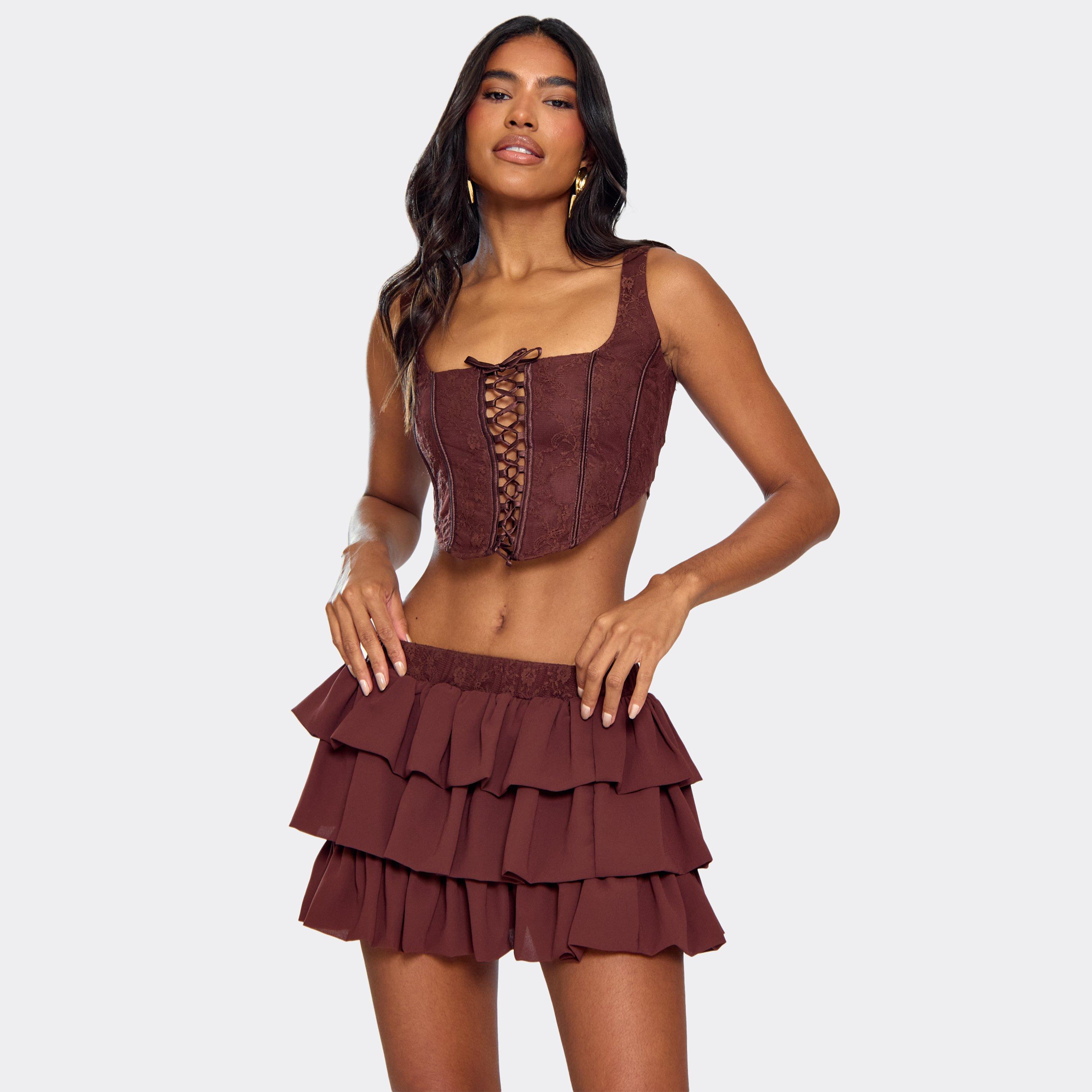 Square Neck Lace Up Front Detail Structured Corset Top In Chocolate Brown, Women’s