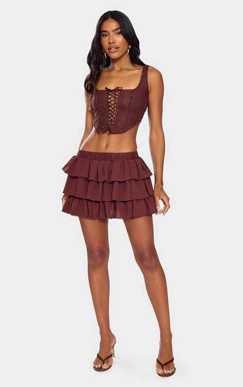 Low Waist Layered Frill Detail Mini Skirt In Beige Crochet | EGO