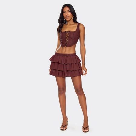 Low Waist Lace Waistband Detail Pleated Mini Skirt In Chocolate Brown, Women's Size US