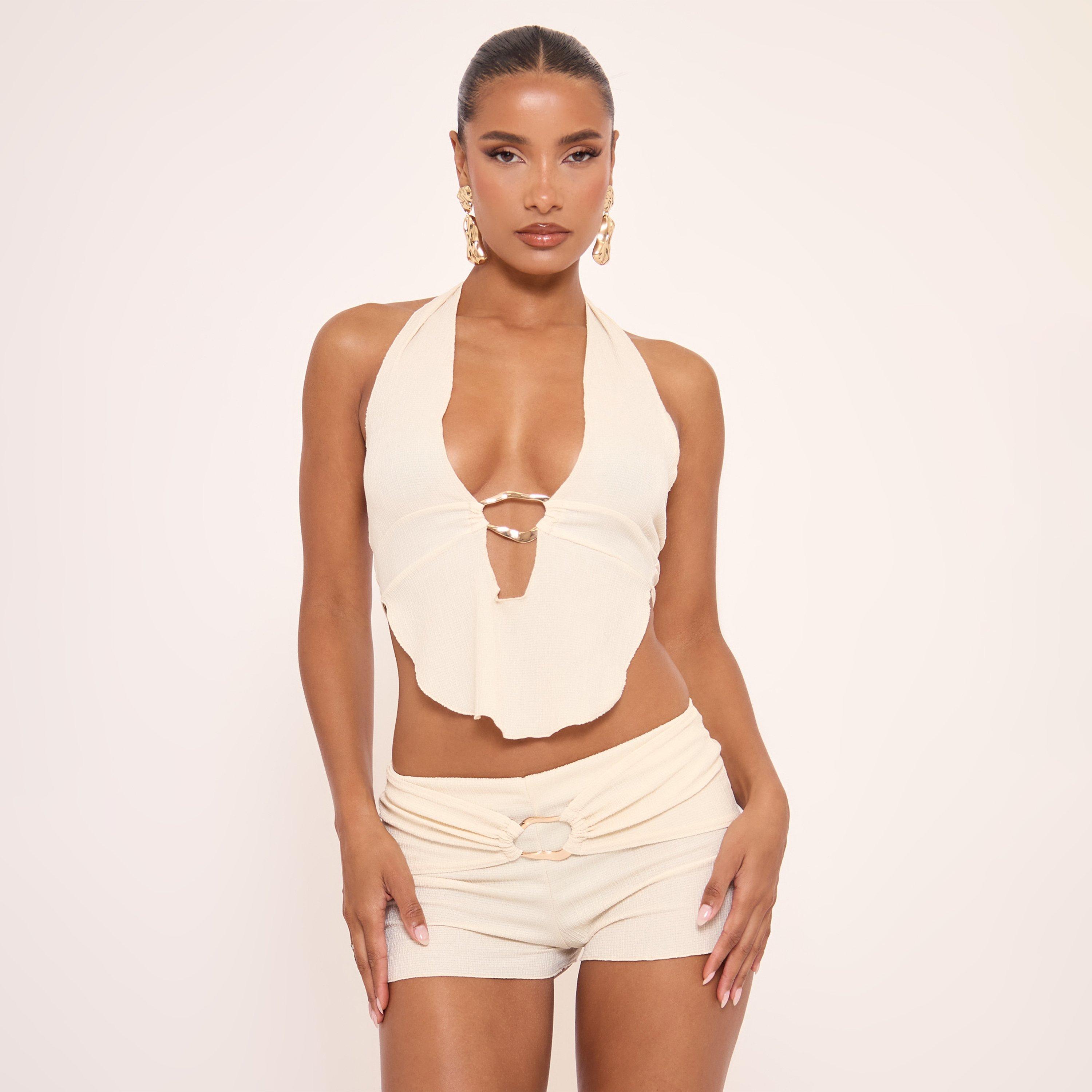 Image of Plunge Ring Detail Crop Top In Cream, Women's