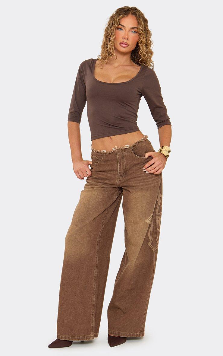 46287 Low Rise Frayed Edge Side Slogan Wide Leg Jeans In Brown