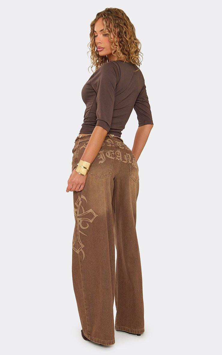 46287 Low Rise Frayed Edge Side Slogan Wide Leg Jeans In Brown