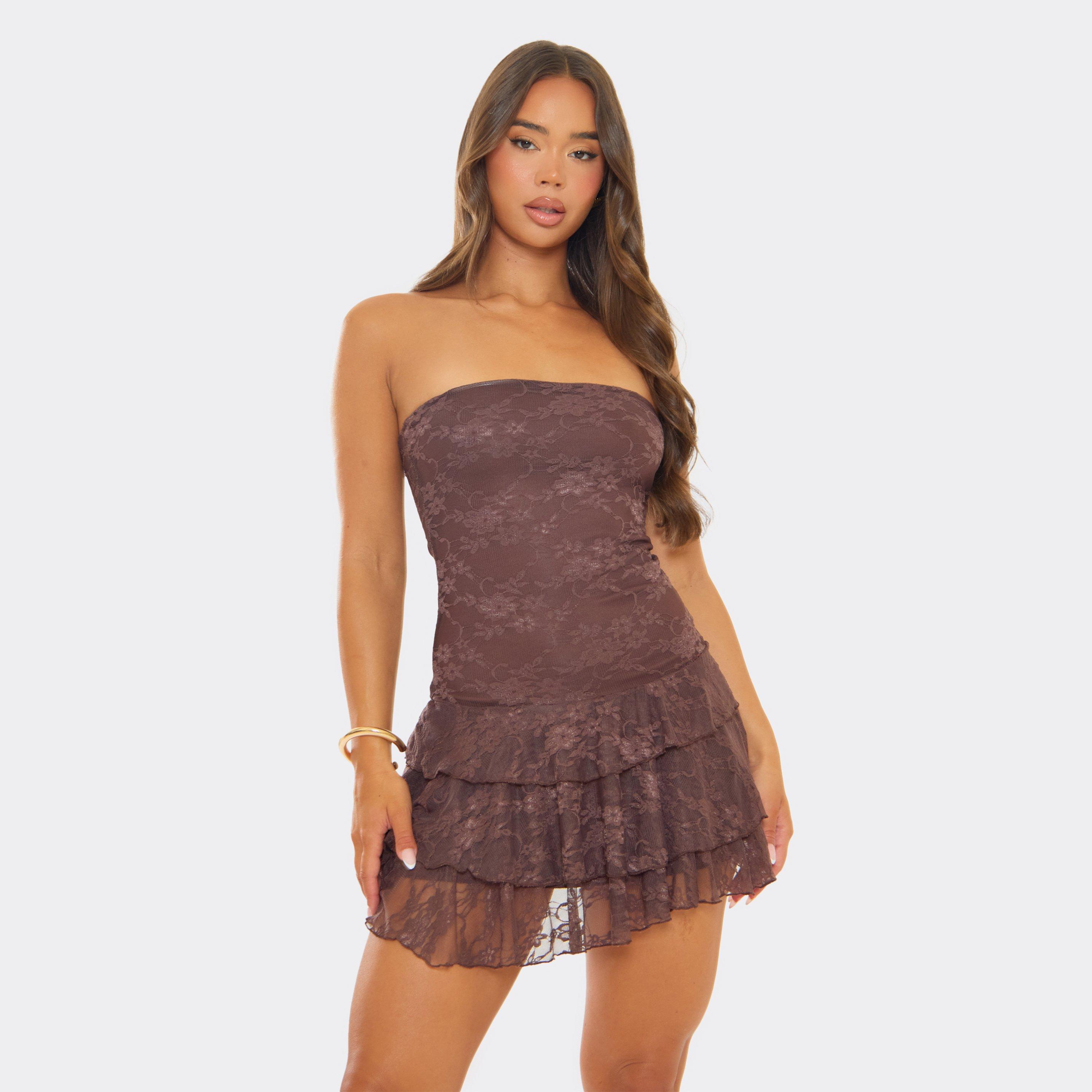 Bandeau Frill Hem Mini Dress In Chocolate Brown Lace, Women's Size UK 10