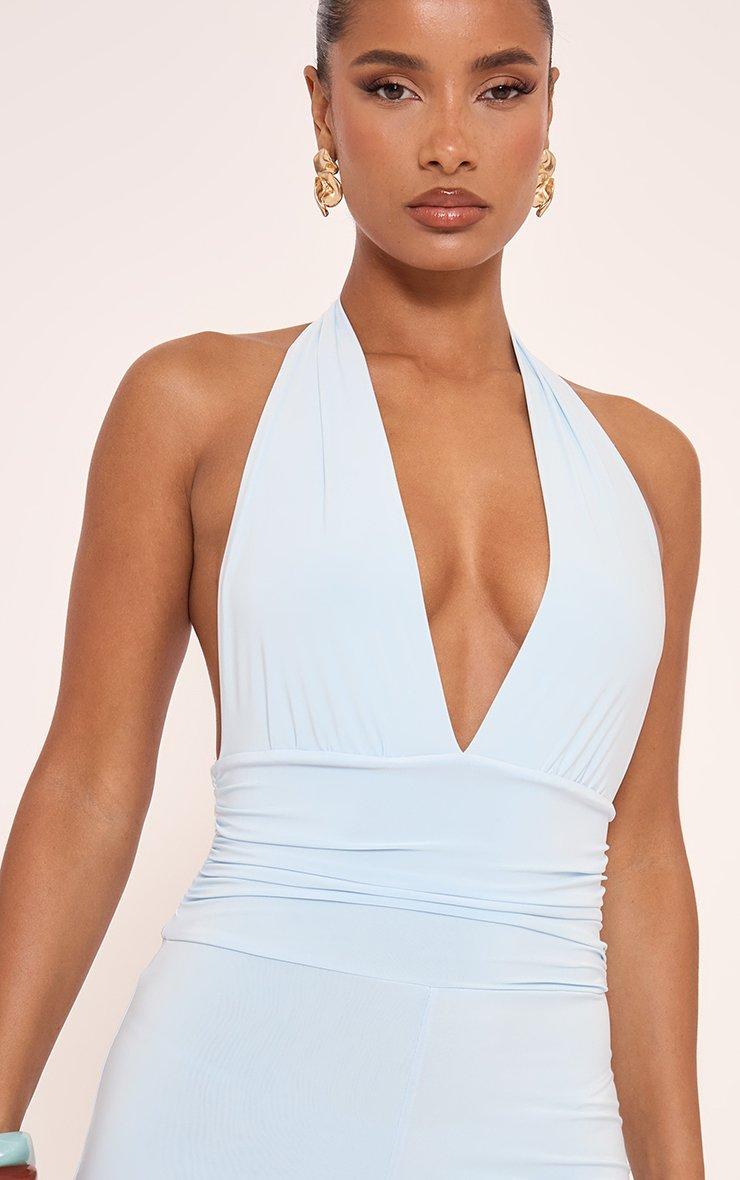 Plunge Halterneck Open Back Jumpsuit In Blue Slinky | EGO US | EGO