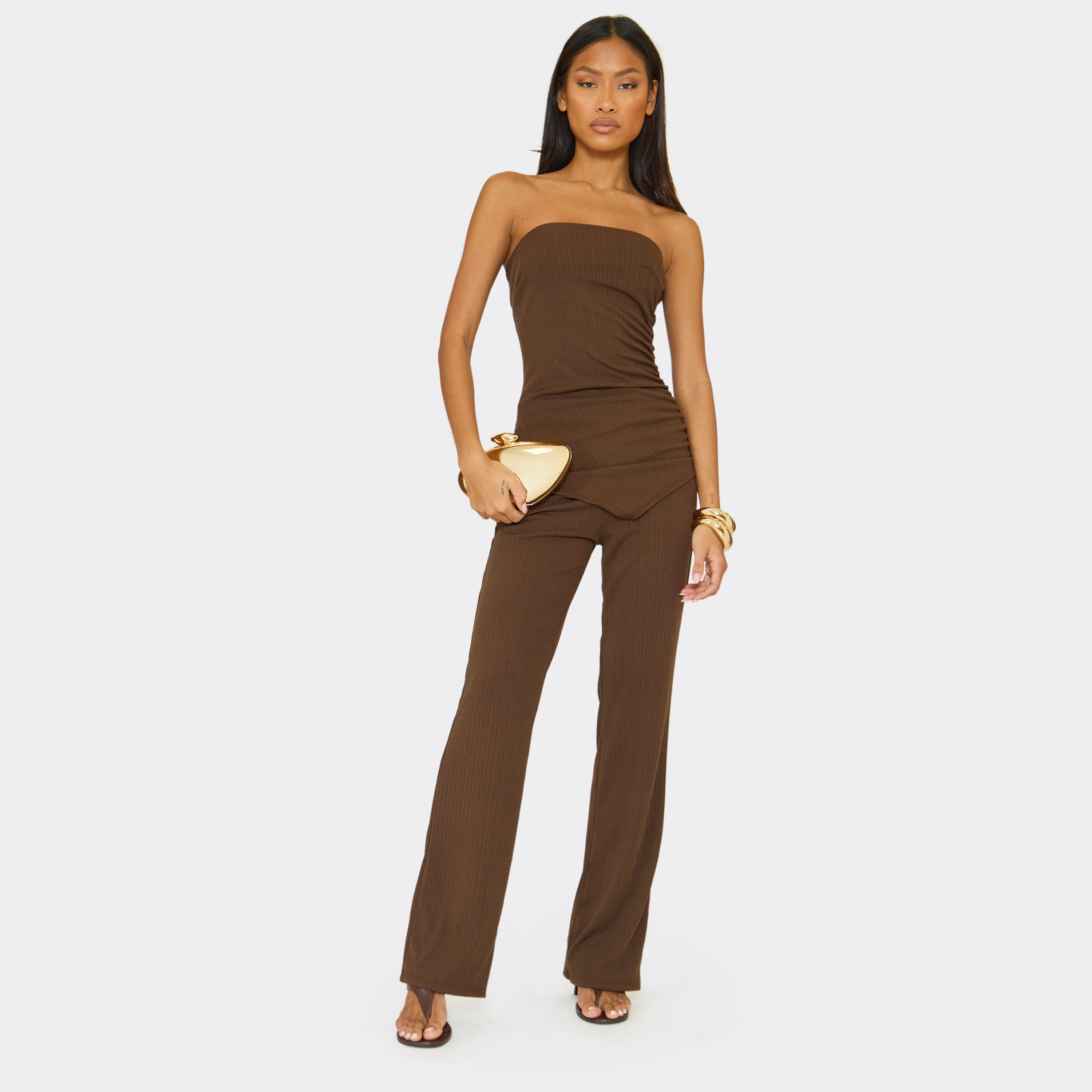 Bandeau Asymmetric Top And High Waist Straight Leg Trousers Co-Ord Set In Chocolate Brown Textured, Women's Size UK 6