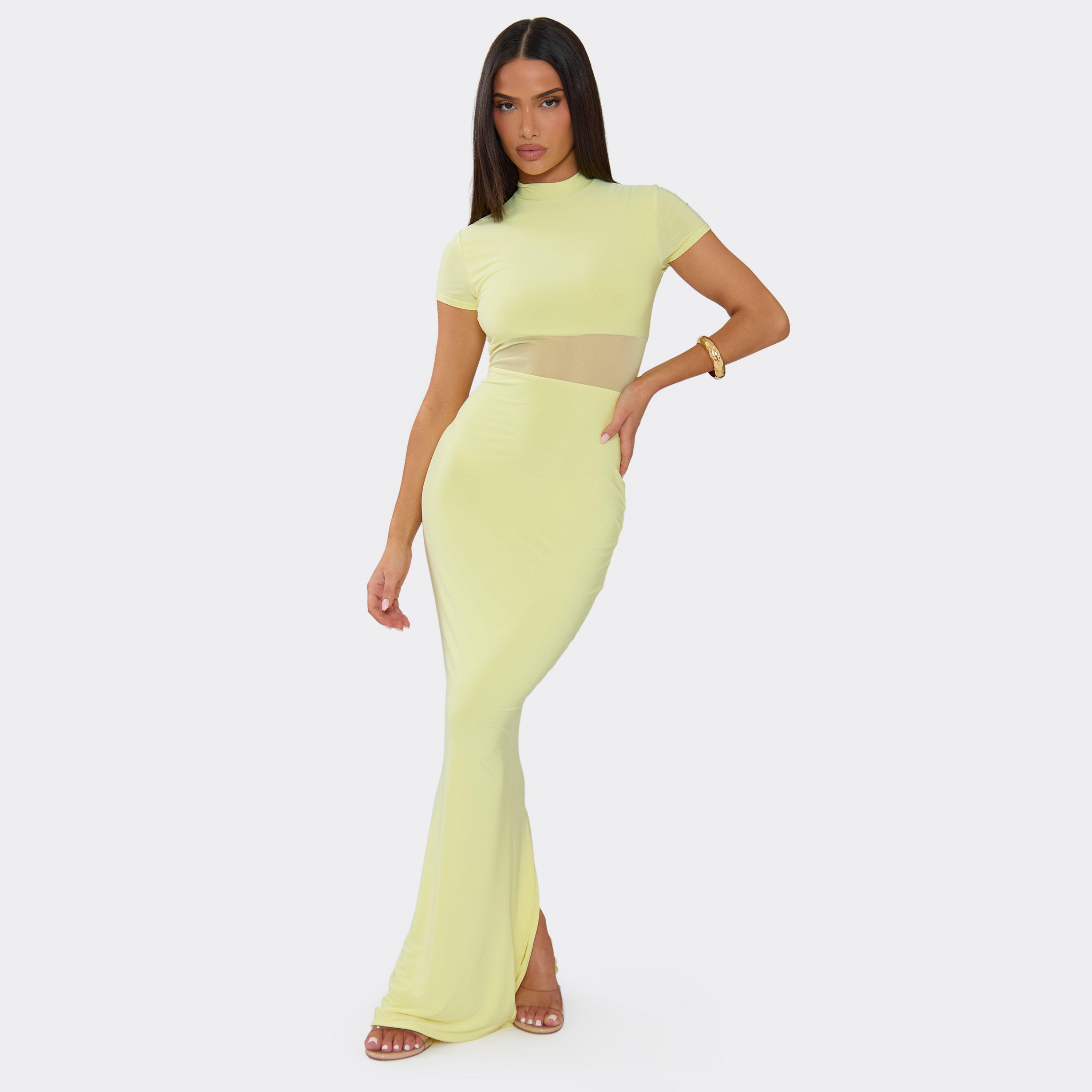 Short Sleeve High Neck Mesh Insert Maxi Dress In Yellow Slinky, Women’s