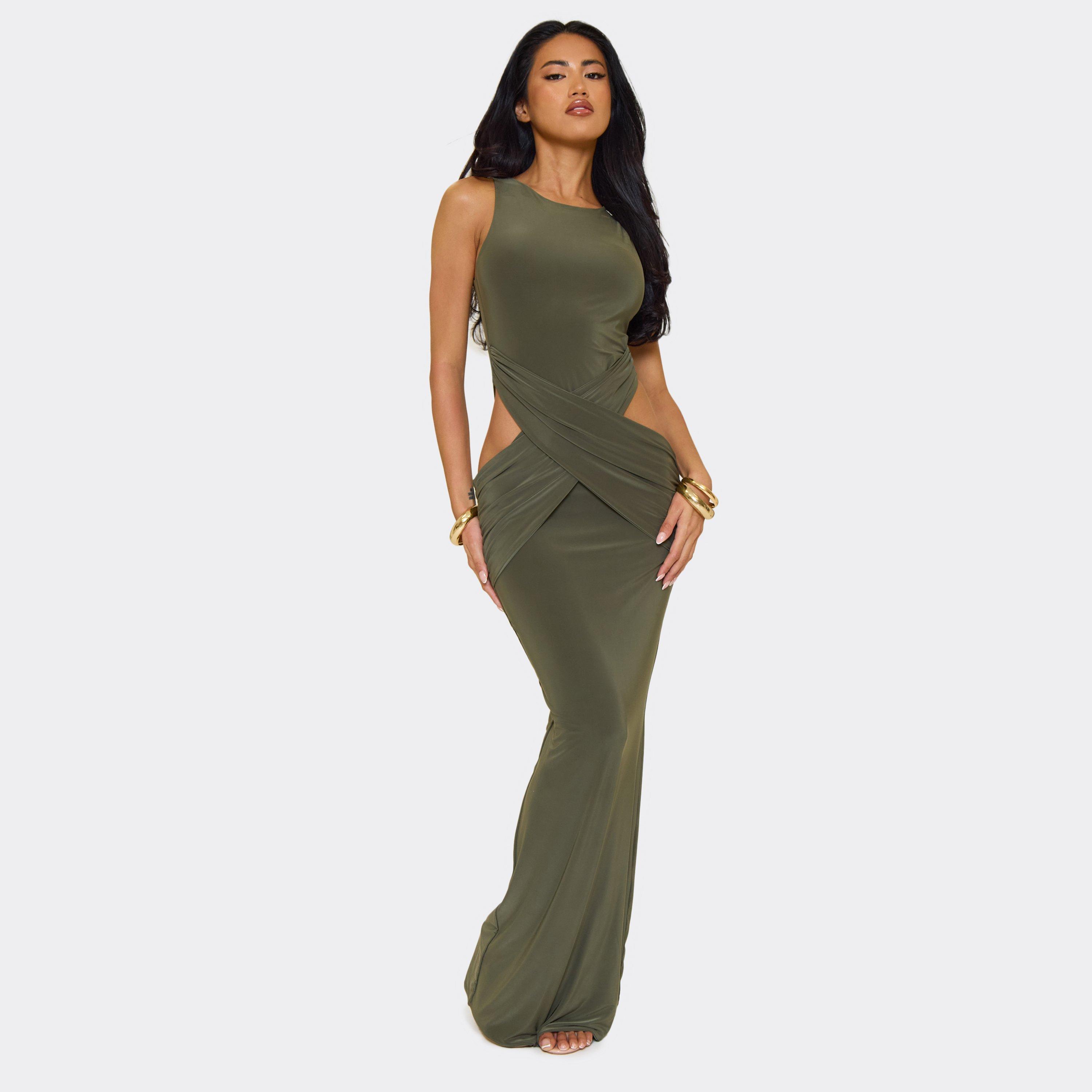 Sleeveless Cut Out Side Twist Front Maxi Dress In Green Slinky, Women's Size UK 14