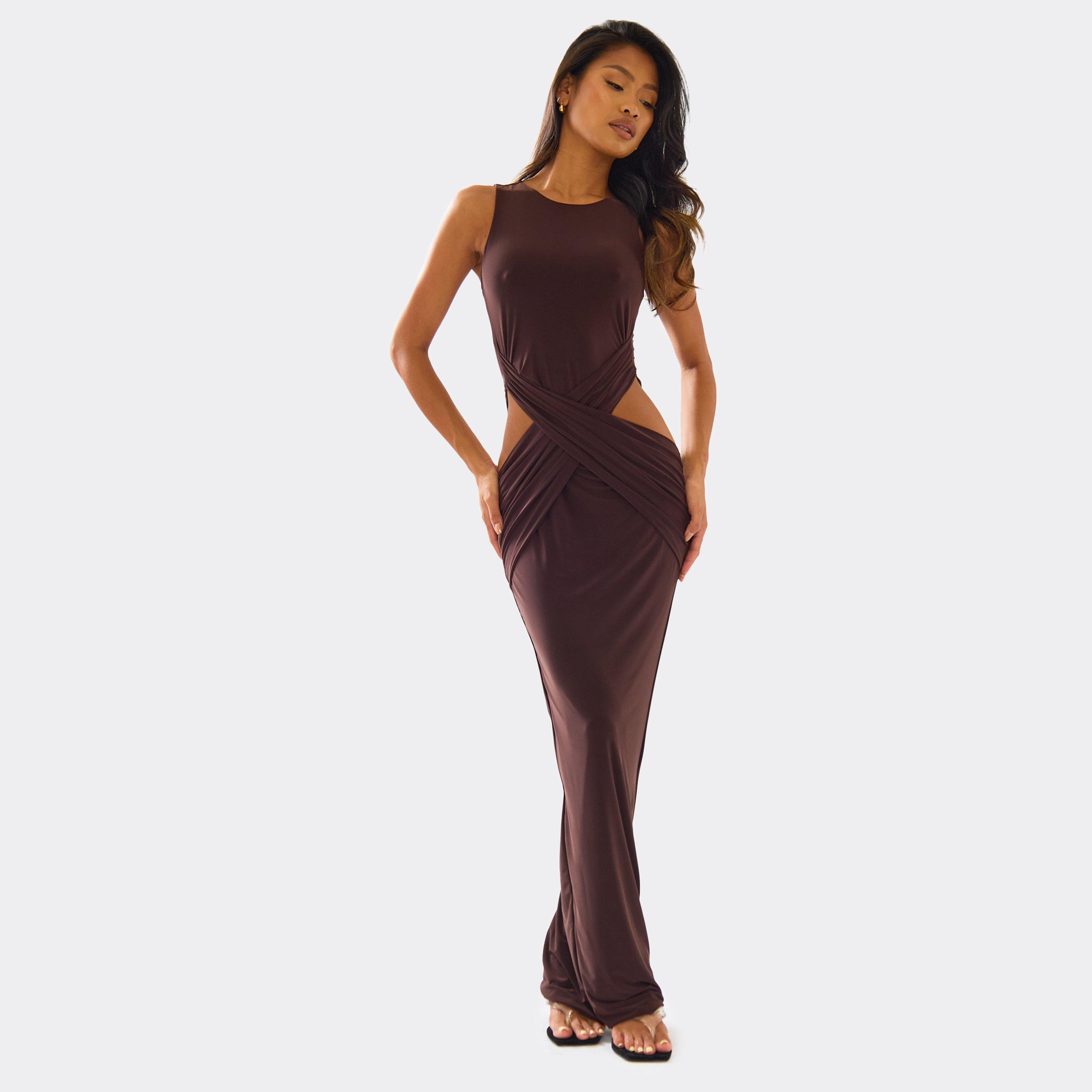 Sleeveless Cut Out Side Twist Front Maxi Dress In Chocolate Brown Slinky, Women's Size UK 14