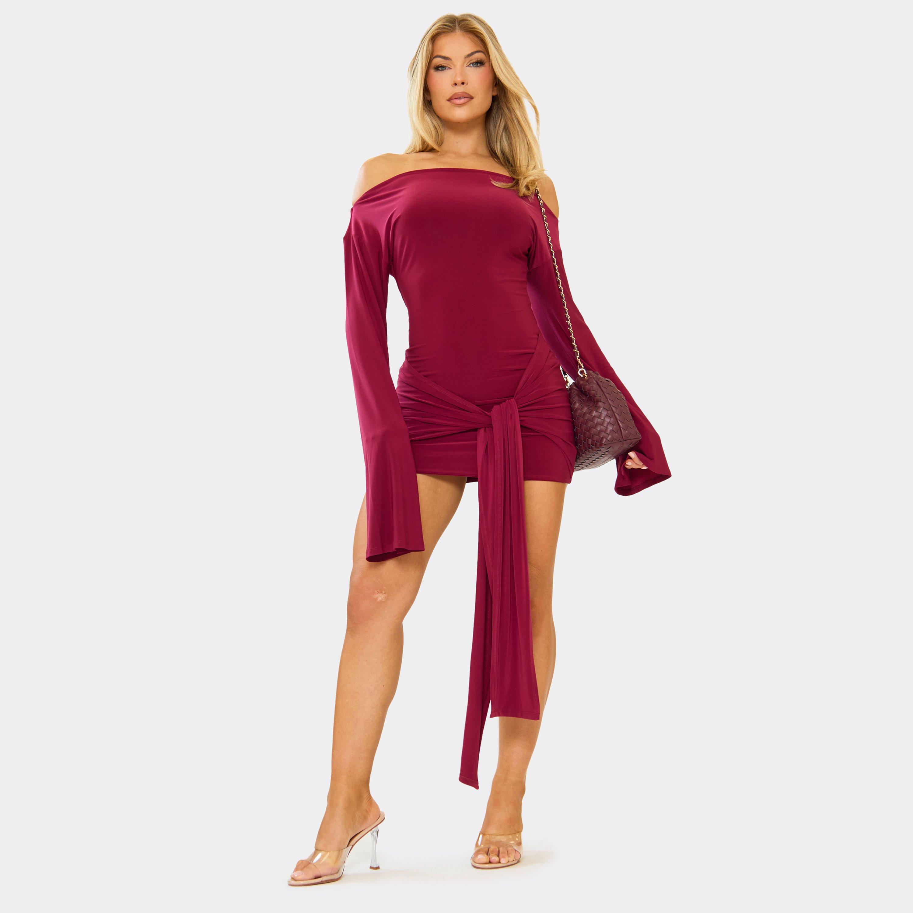 Long Flared Sleeve Drape Detail Mini Dress In Burgundy, Women’s