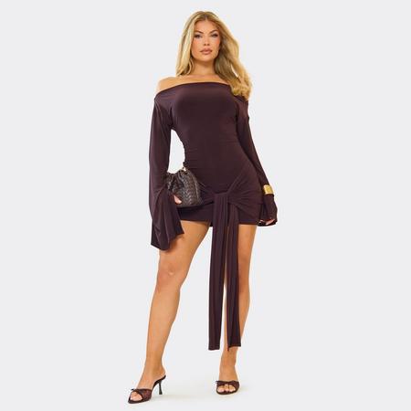 Long Flared Sleeve Drape Detail Mini Dress In Chocolate Brown, Women's Size US