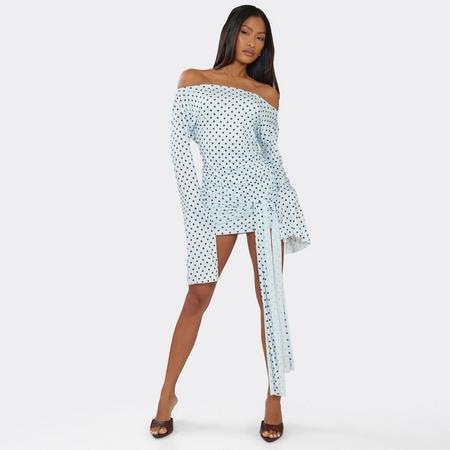 Long Flared Sleeve Drape Detail Mini Bodycon Dress In Blue Polka Dot, Women's Size US