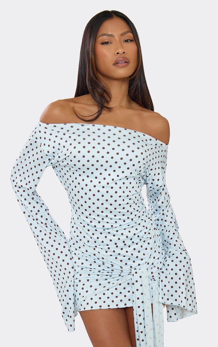 Long Flared Sleeve Drape Detail Mini Bodycon Dress In Blue Polka Dot | EGO  US | EGO
