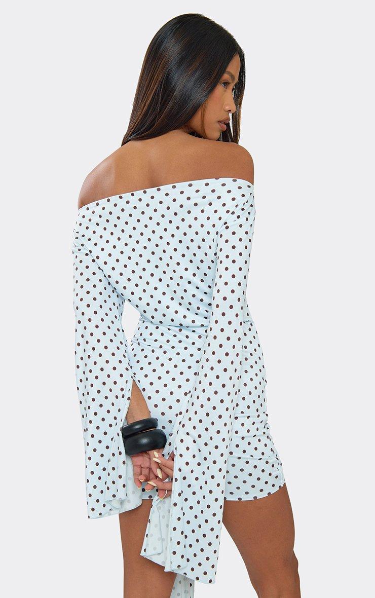 Long Flared Sleeve Drape Detail Mini Bodycon Dress In Blue Polka Dot, Women's Size US 4 - EGO