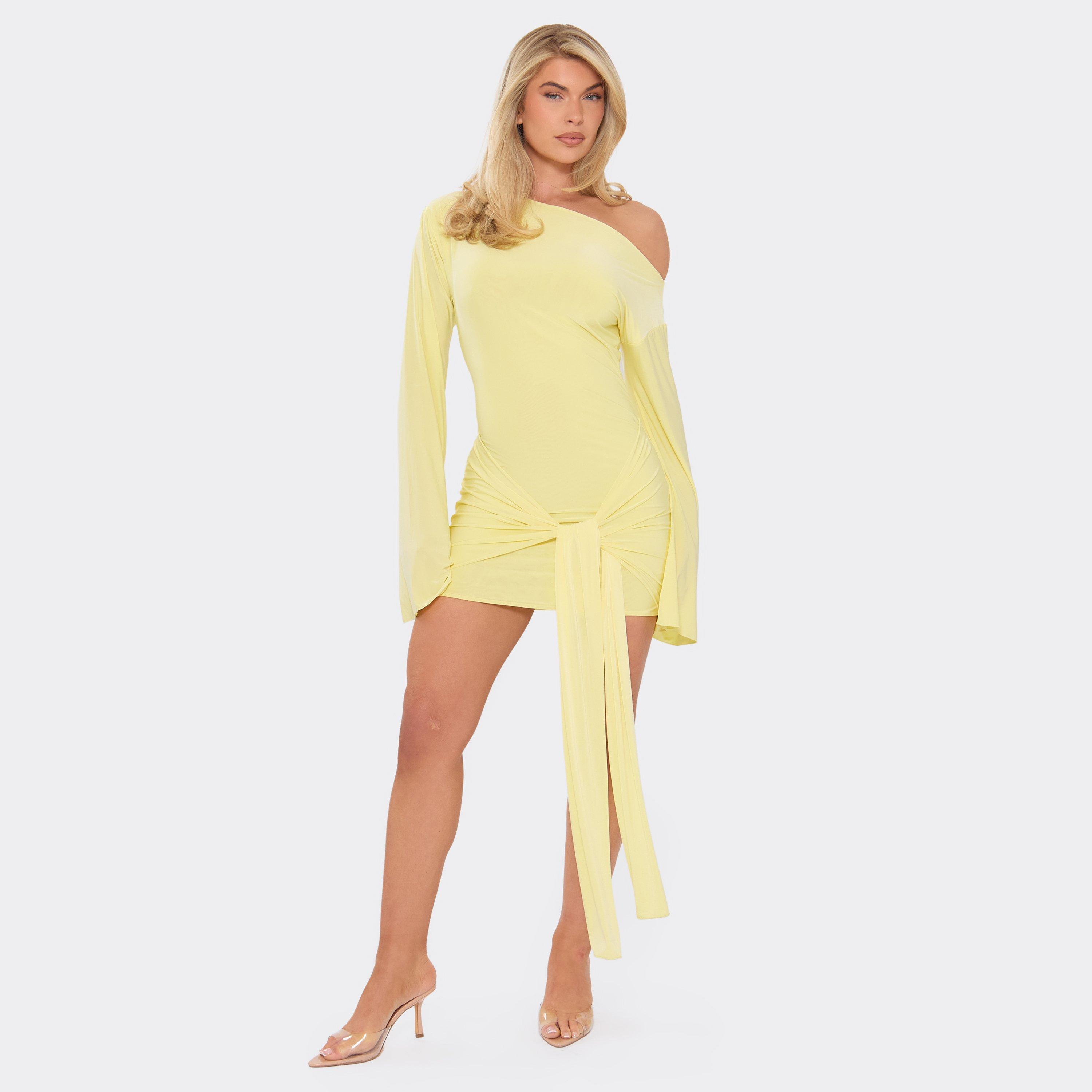 Long Flared Sleeve Drape Detail Mini Bodycon Dress In Lemon Slinky, Women’s