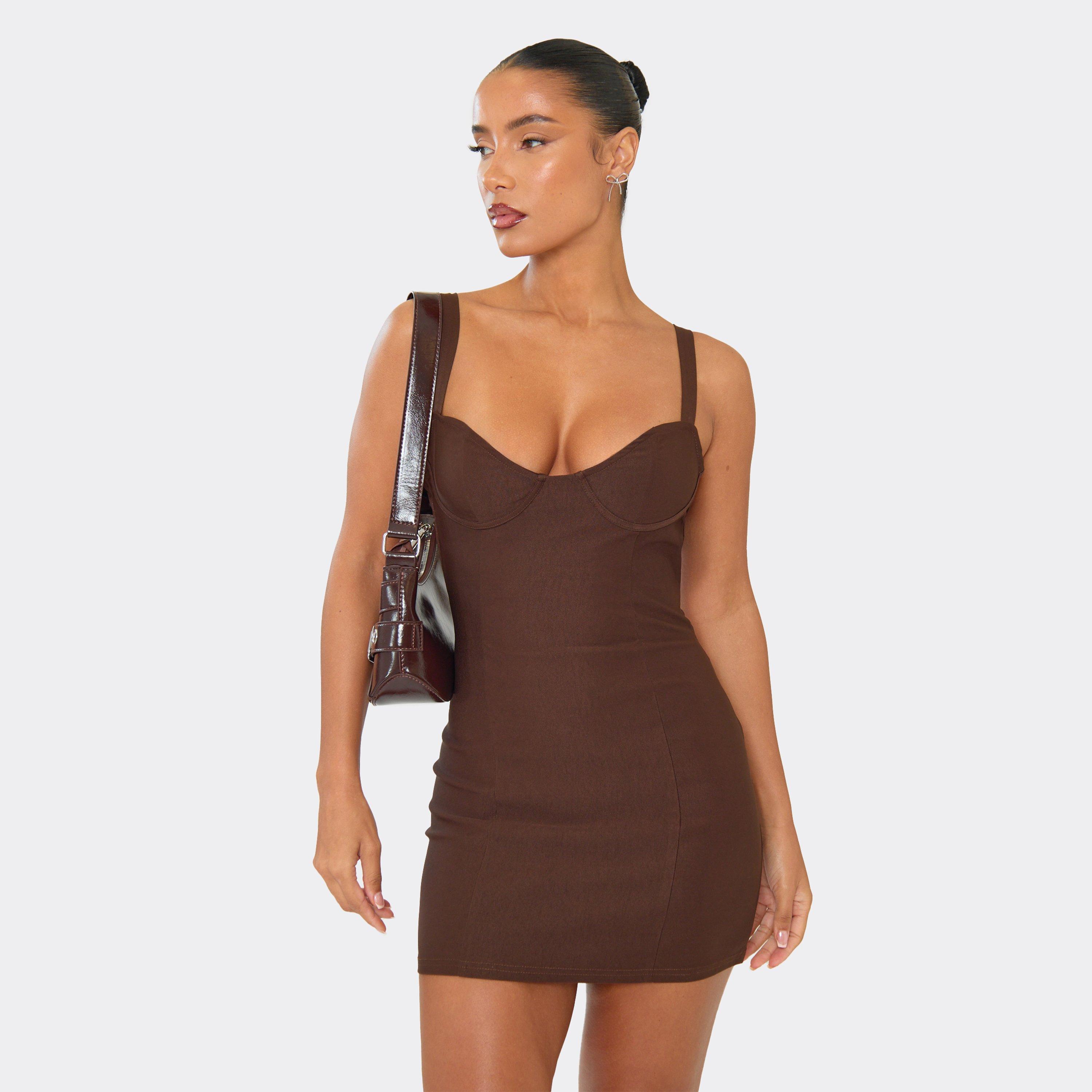 Cupped Strappy Back Detail Mini Bodycon Dress In Chocolate Brown Woven, Women's Size UK 10