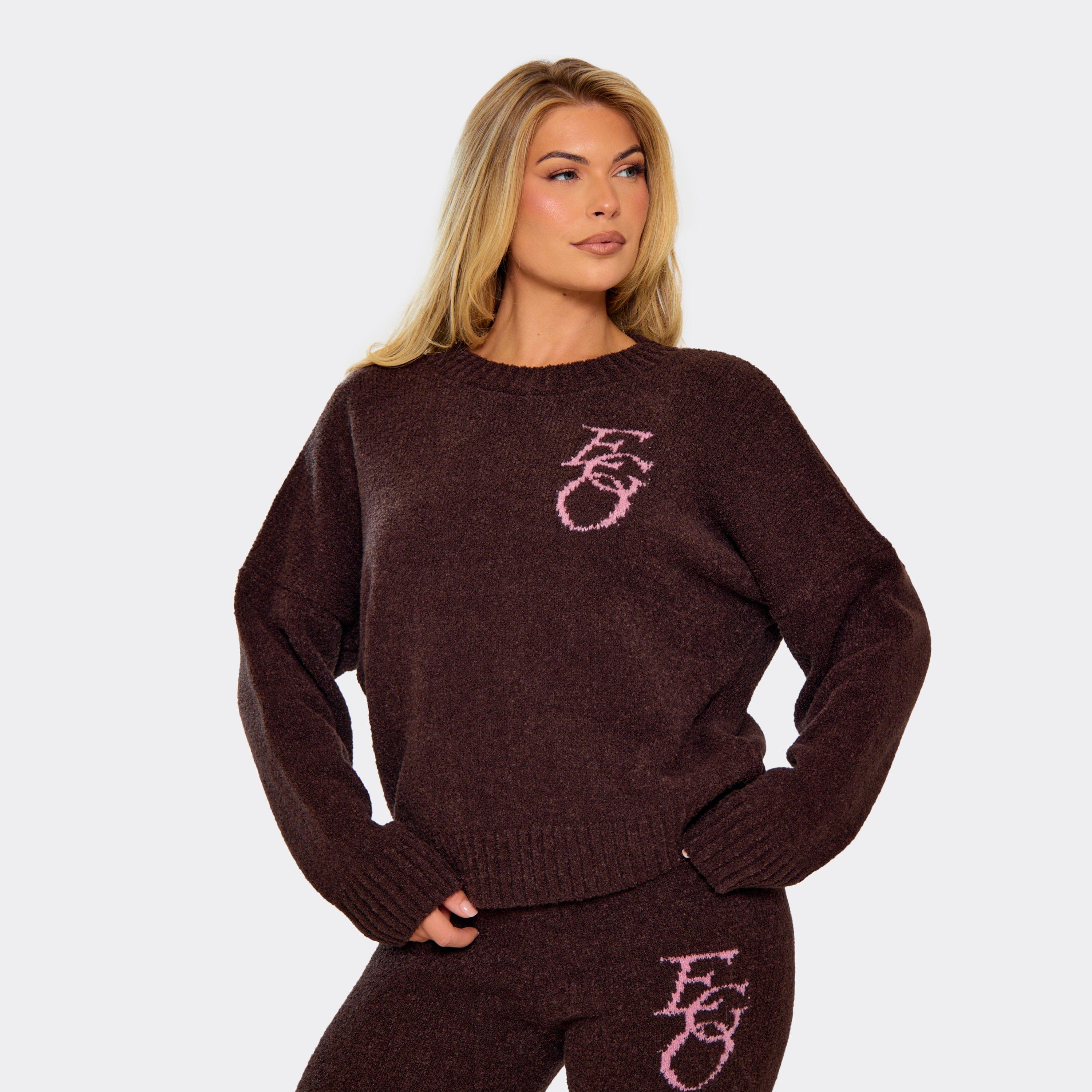 Long Sleeve Crew Neck Ego Graphic Oversized Jumper In Brown Knit, Women's Size UK S