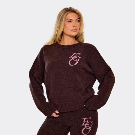 Long Sleeve Crew Neck Ego Graphic Oversized Jumper In Brown Knit, Women's Size US