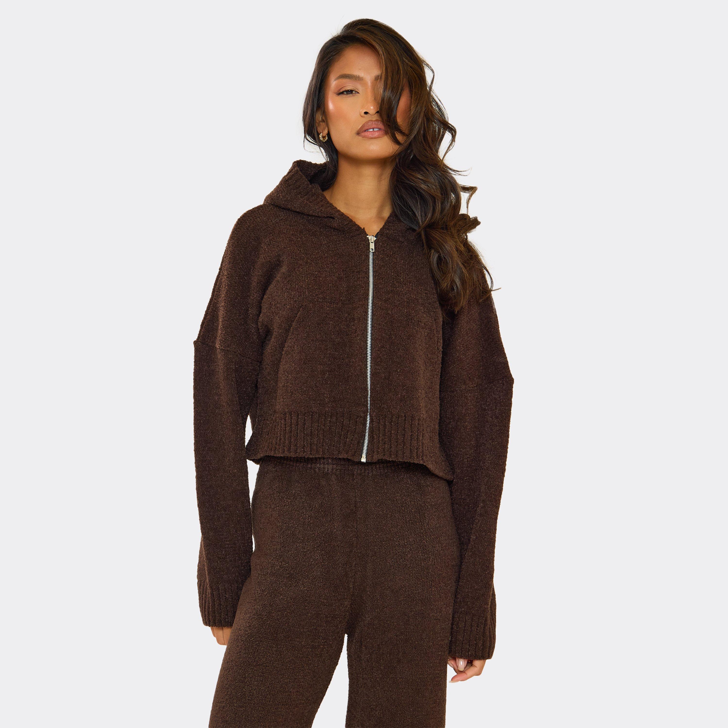 Zip Front Hooded Cropped Jacket In Chocolate Brown Knit, Women’s