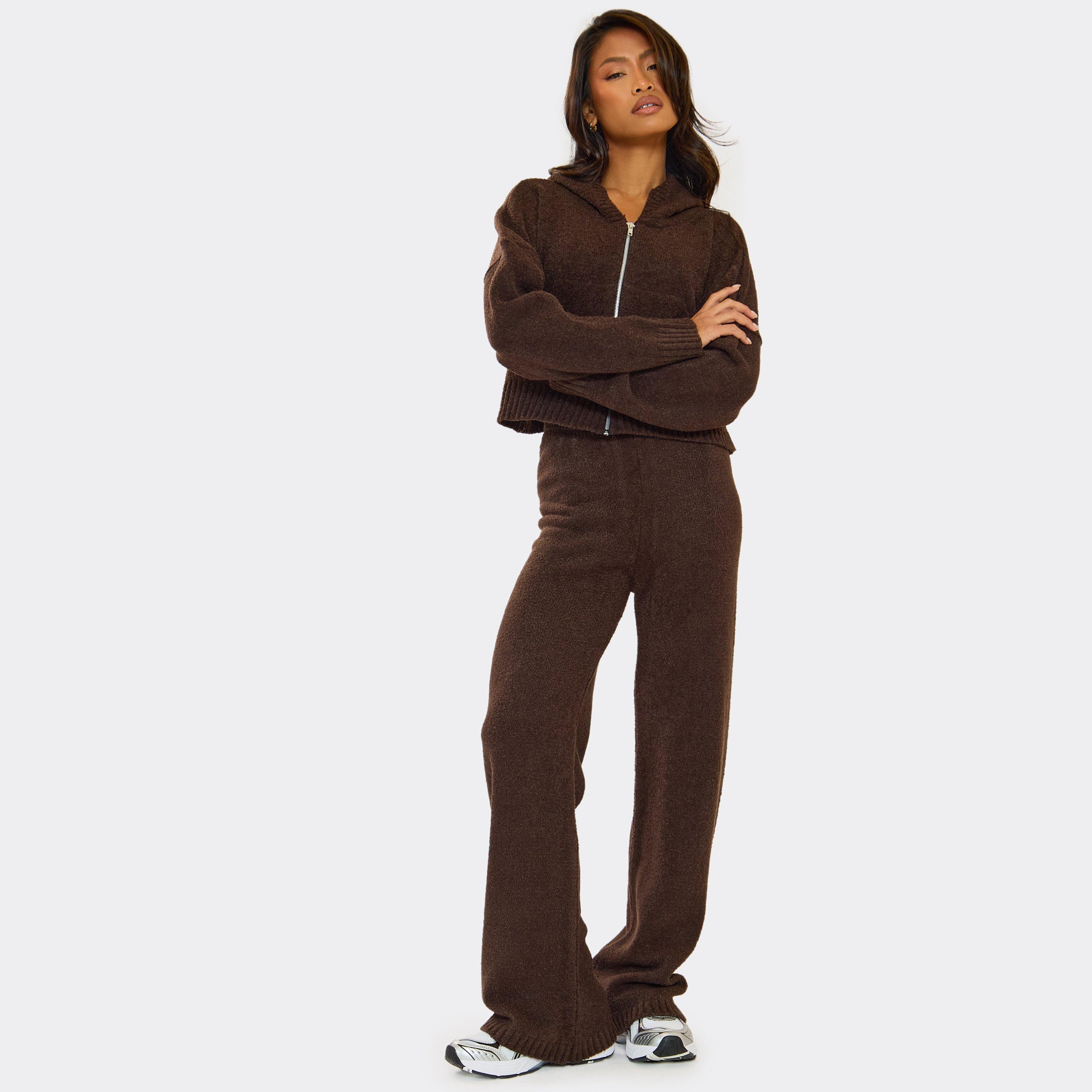 Image of High Waist Wide Leg Trousers In Chocolate Brown Knit, Women's Size UK L