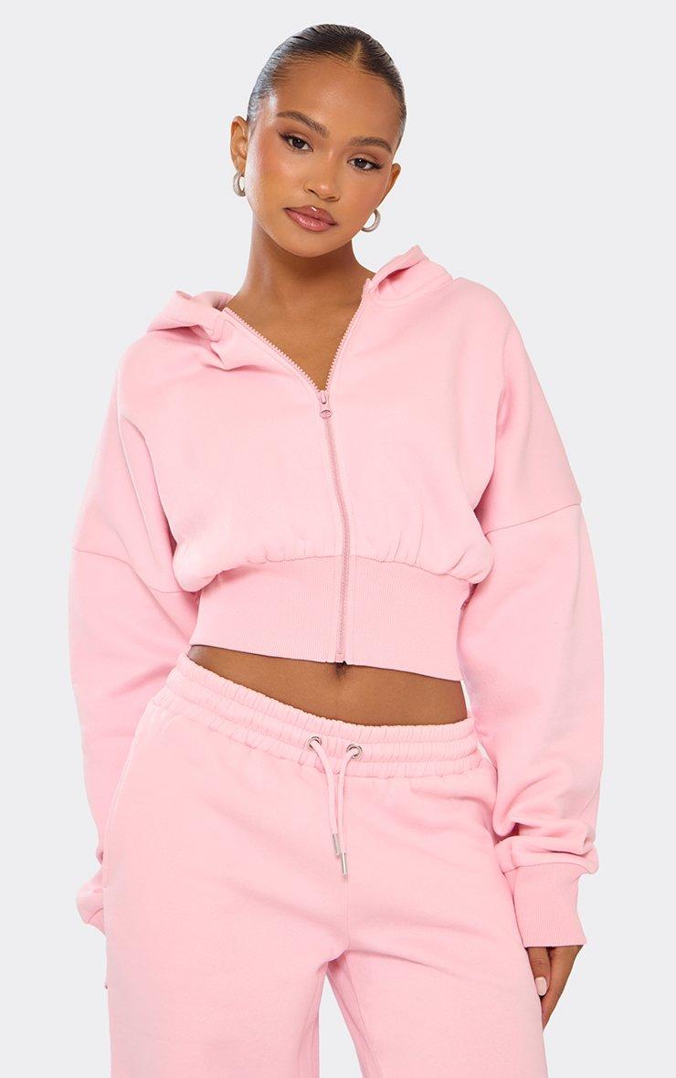 Long Sleeve Graphic Print Zip Up Front Cropped Hoodie In Pink