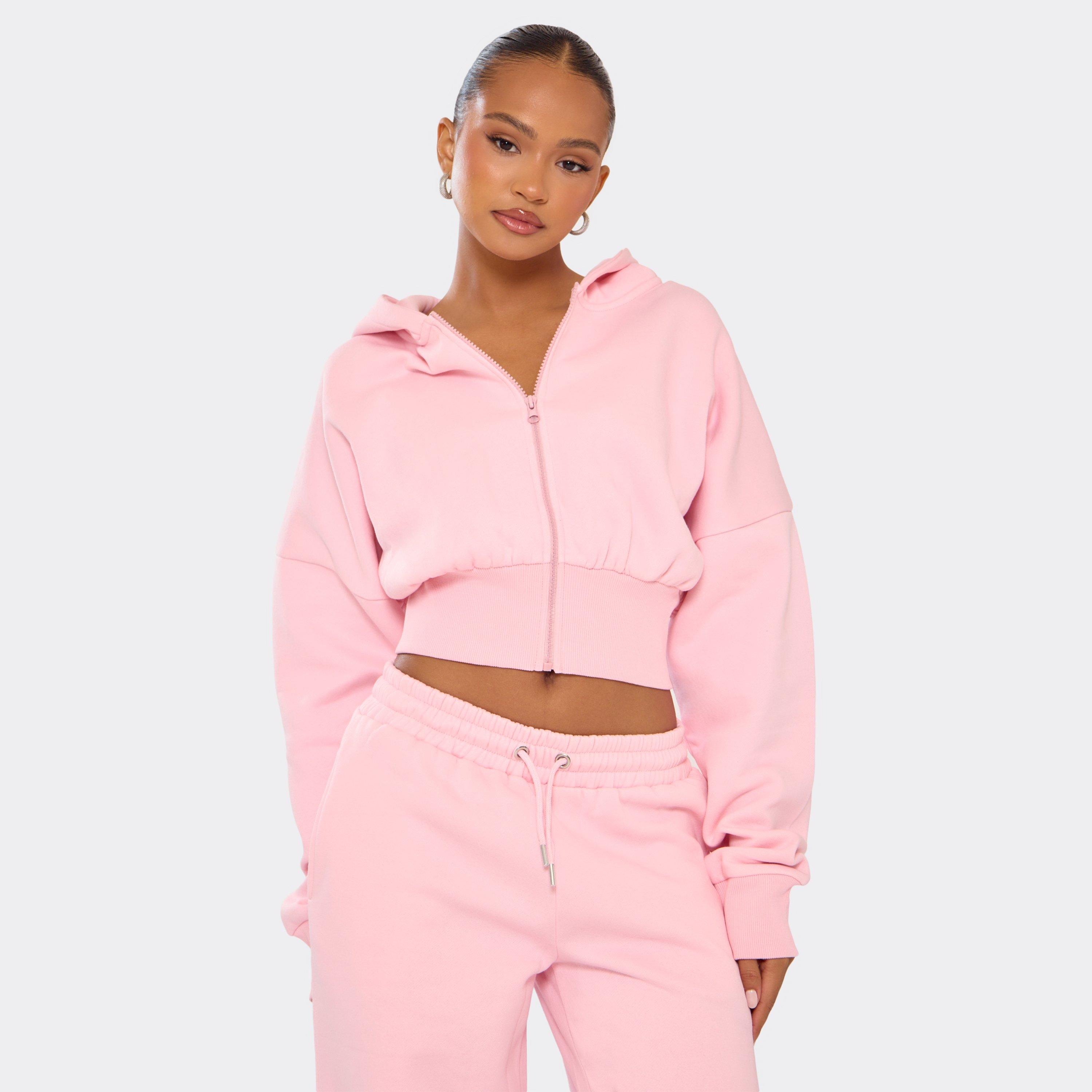 Zip Through Cropped Hoodie In Baby Pink, Women’s
