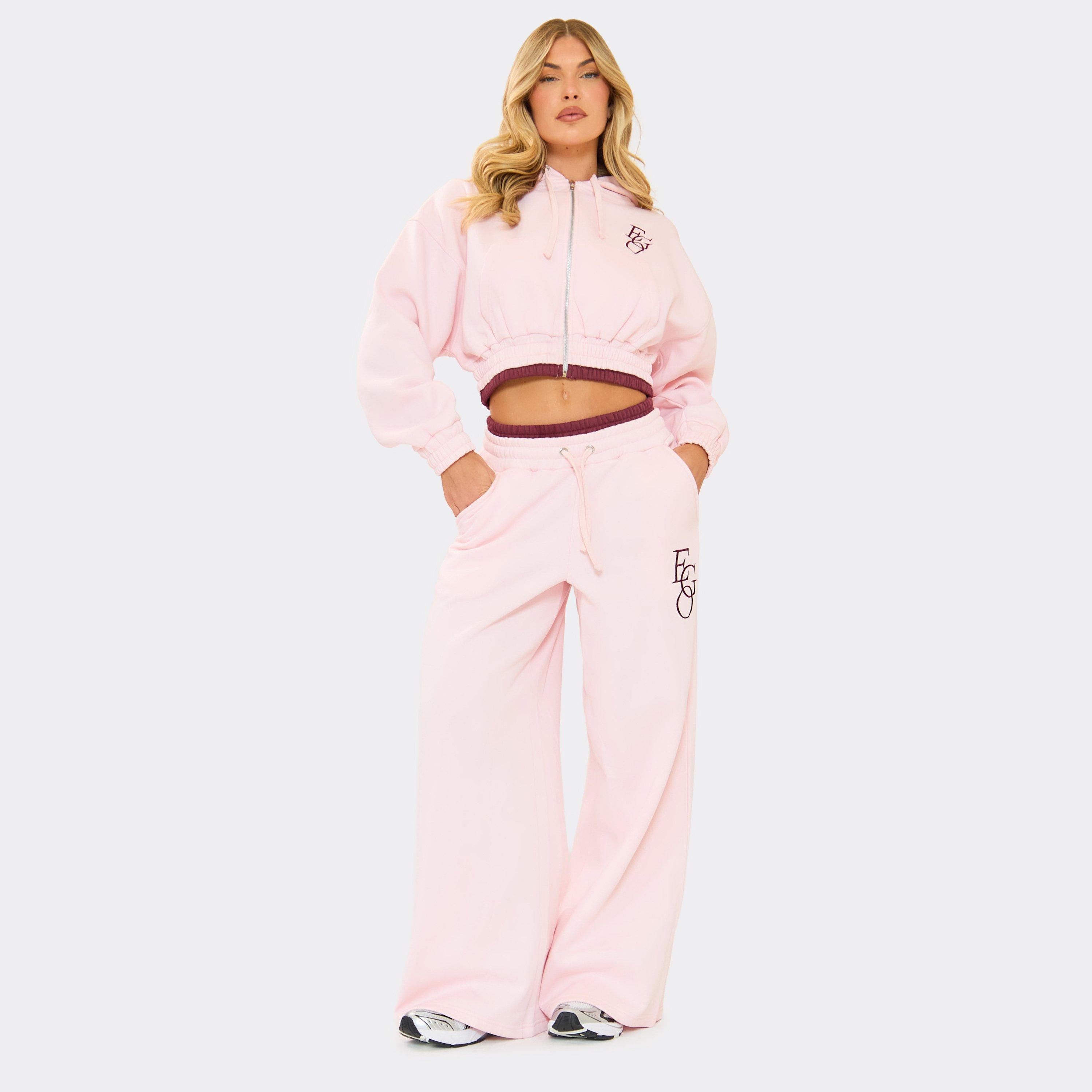Tie Contrast Waistband Wide Leg Joggers In Pink, Women's Size UK 14