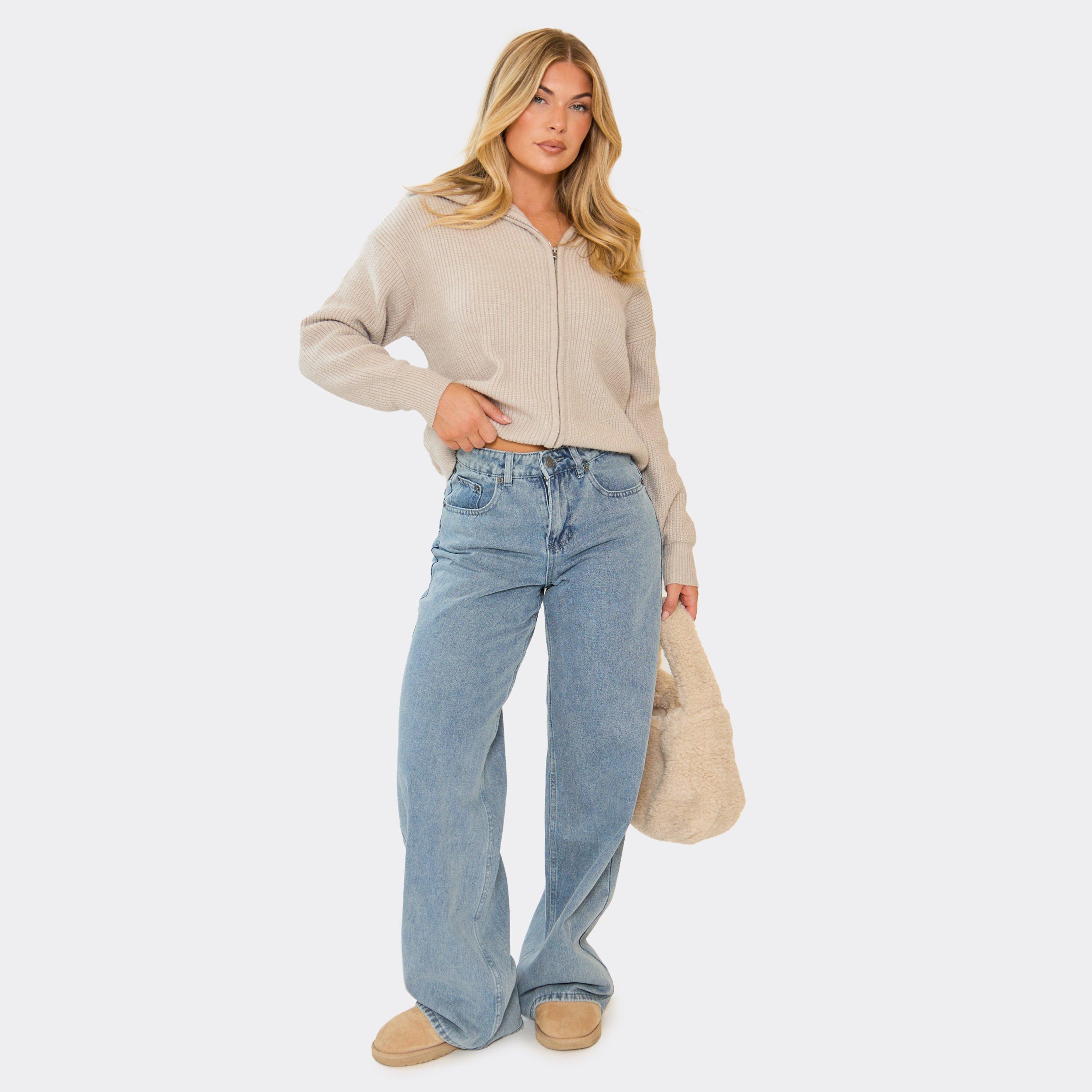 Mid Rise Wide Leg Detail Jeans In Blue Denim, Women’s