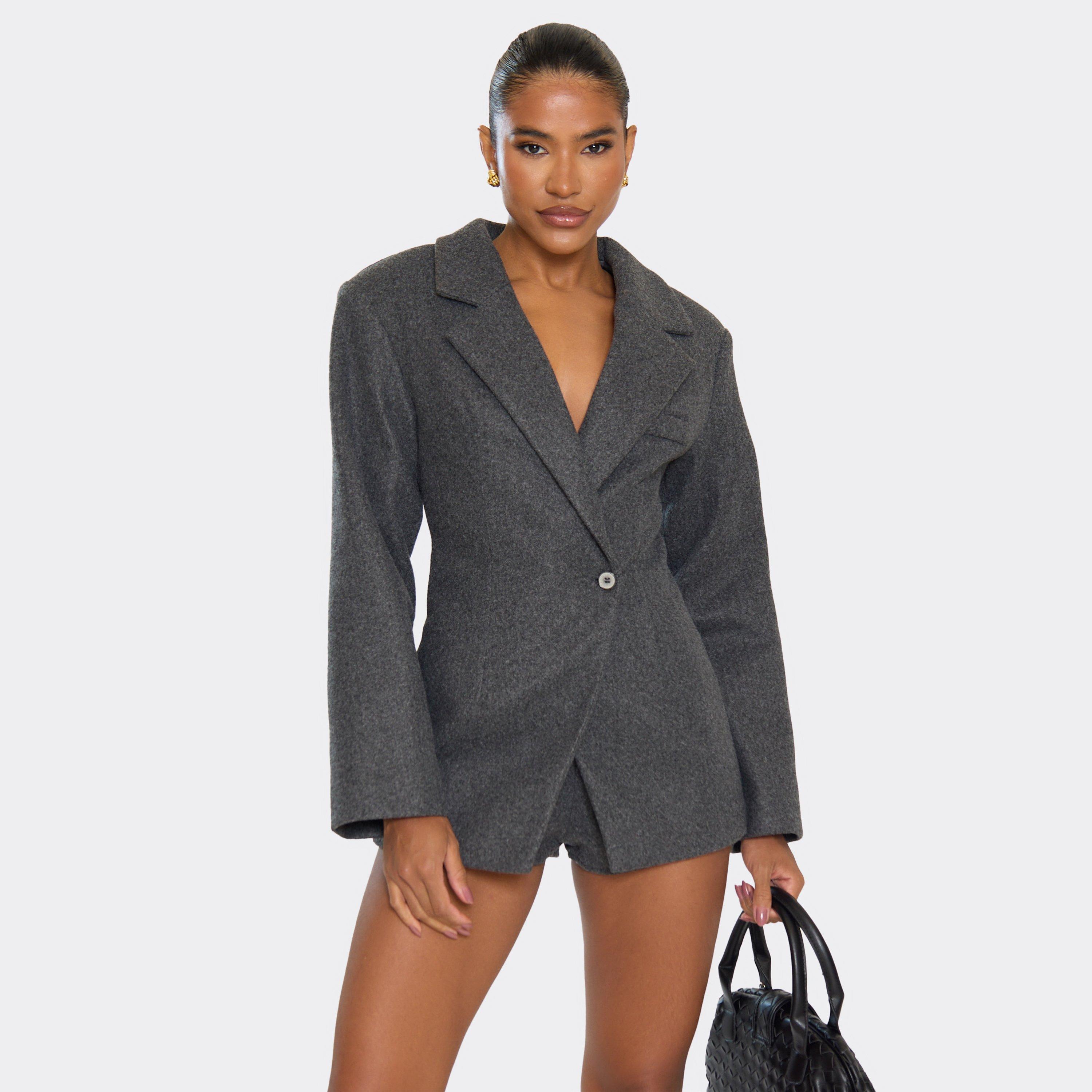 Cinched Waist Detail Wool Look Blazer Dress In Charcoal Grey, Women's Size UK 12