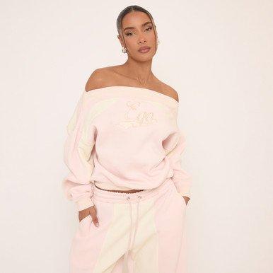Oversized Bardot Contrast Stripe Ego Graphic Sweater In Pink, Women’s