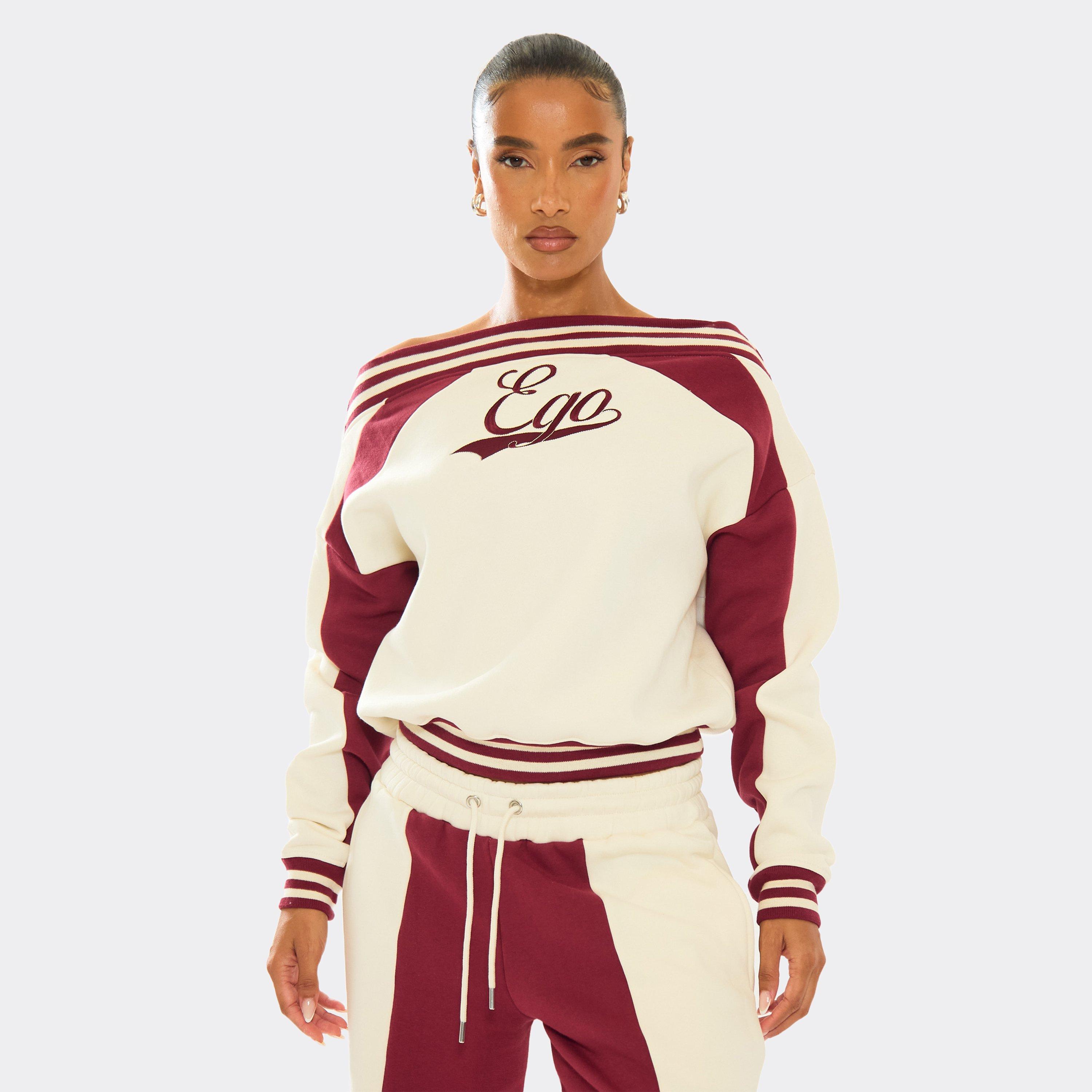 Oversized Bardot Contrast Stripe Ego Graphic Sweater In Burgundy, Women’s