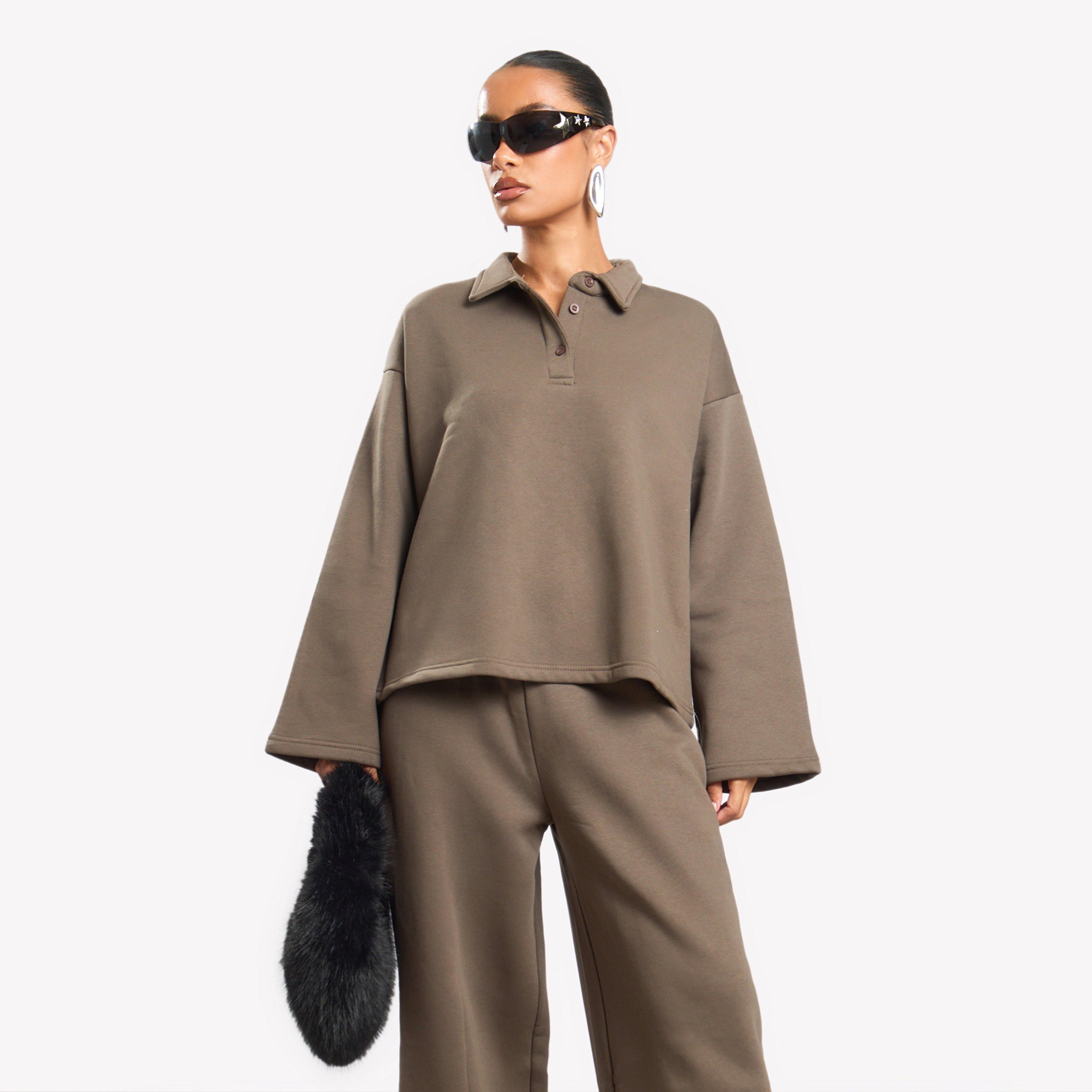 Polo Collar Sweatshirt In Brown, Women's Size UK 16