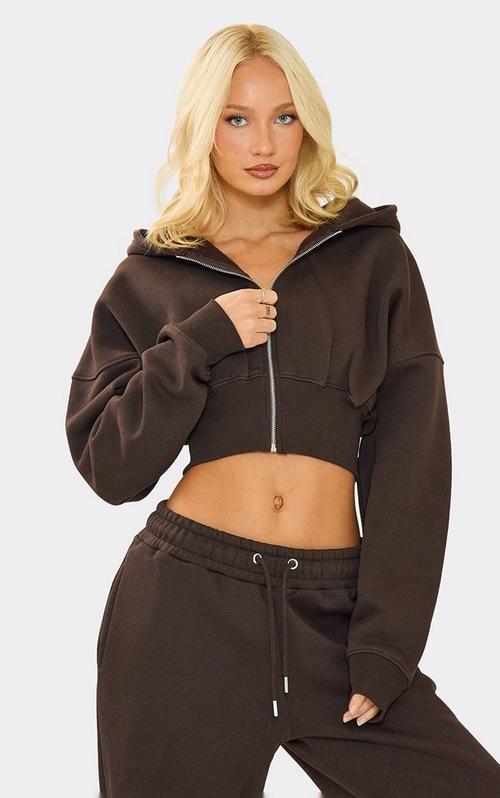 Long Sleeve Oversized Zip Detail Cropped Hoodie In Light Grey Acid